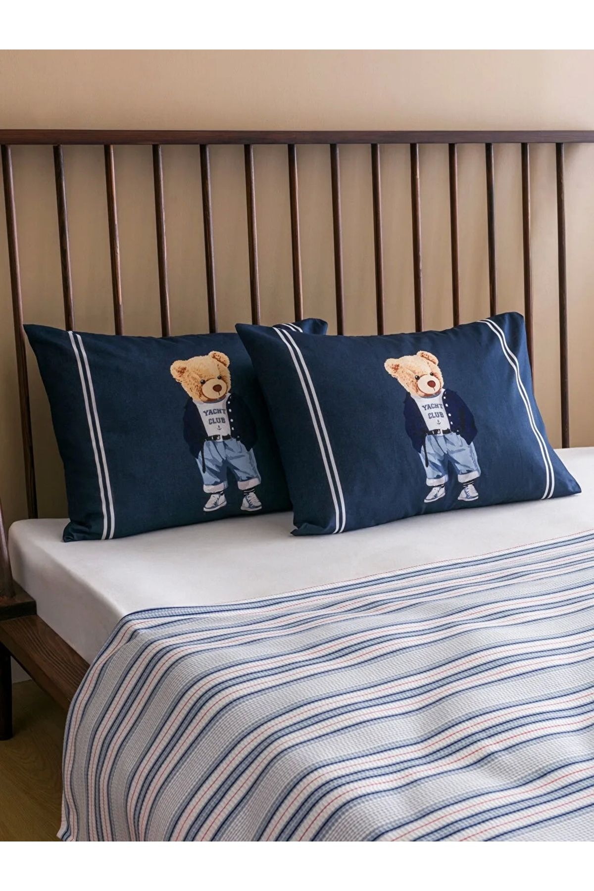 LC Waikiki LCW HOME Lacivert Ayı Teddy Baskılı Pamuklu Çİft Kişilik Pike Seti 200x220/50x70 cm