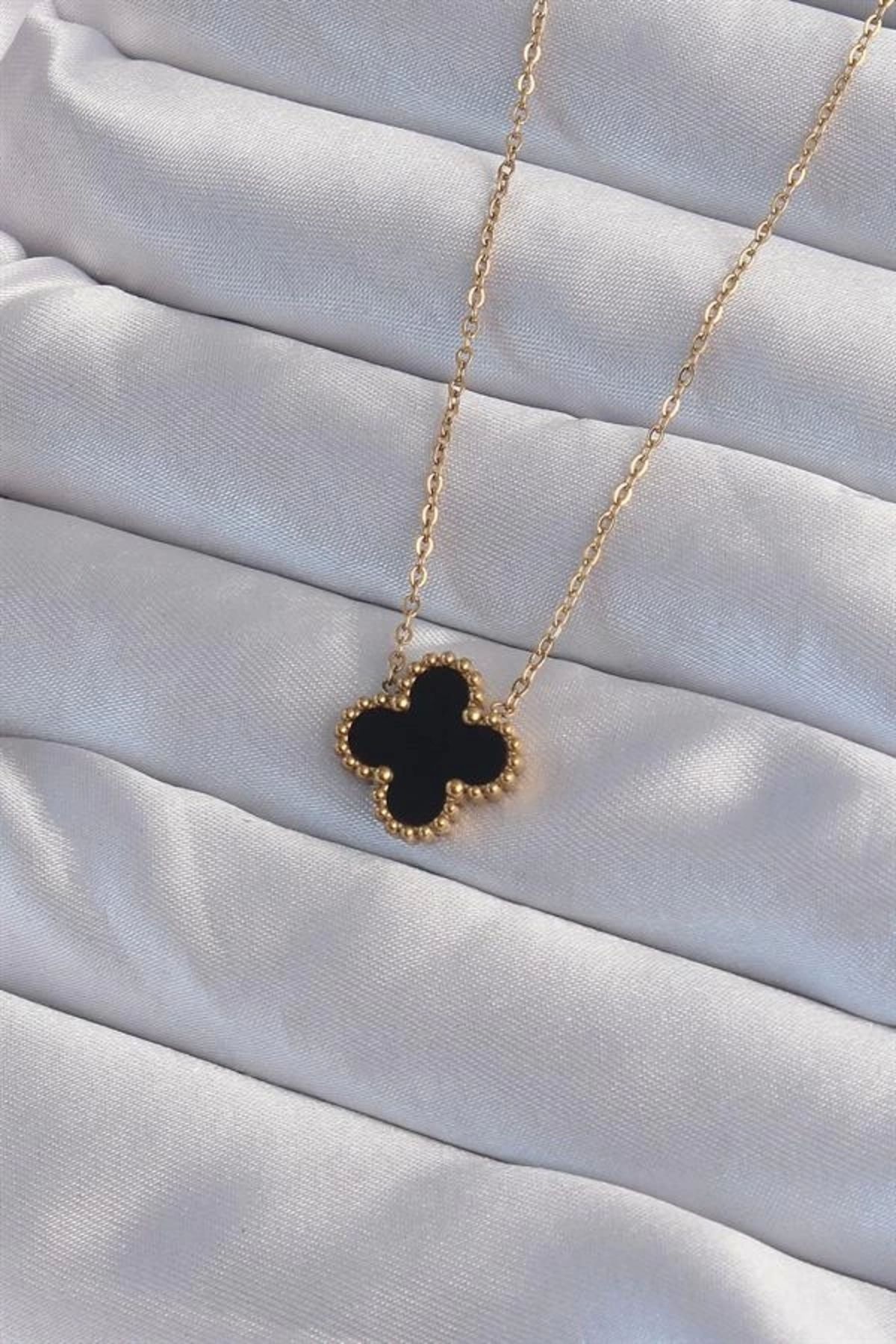 Lale Moda 316L Çelik Gold Renk Siyah Mineli Yonca Kolye