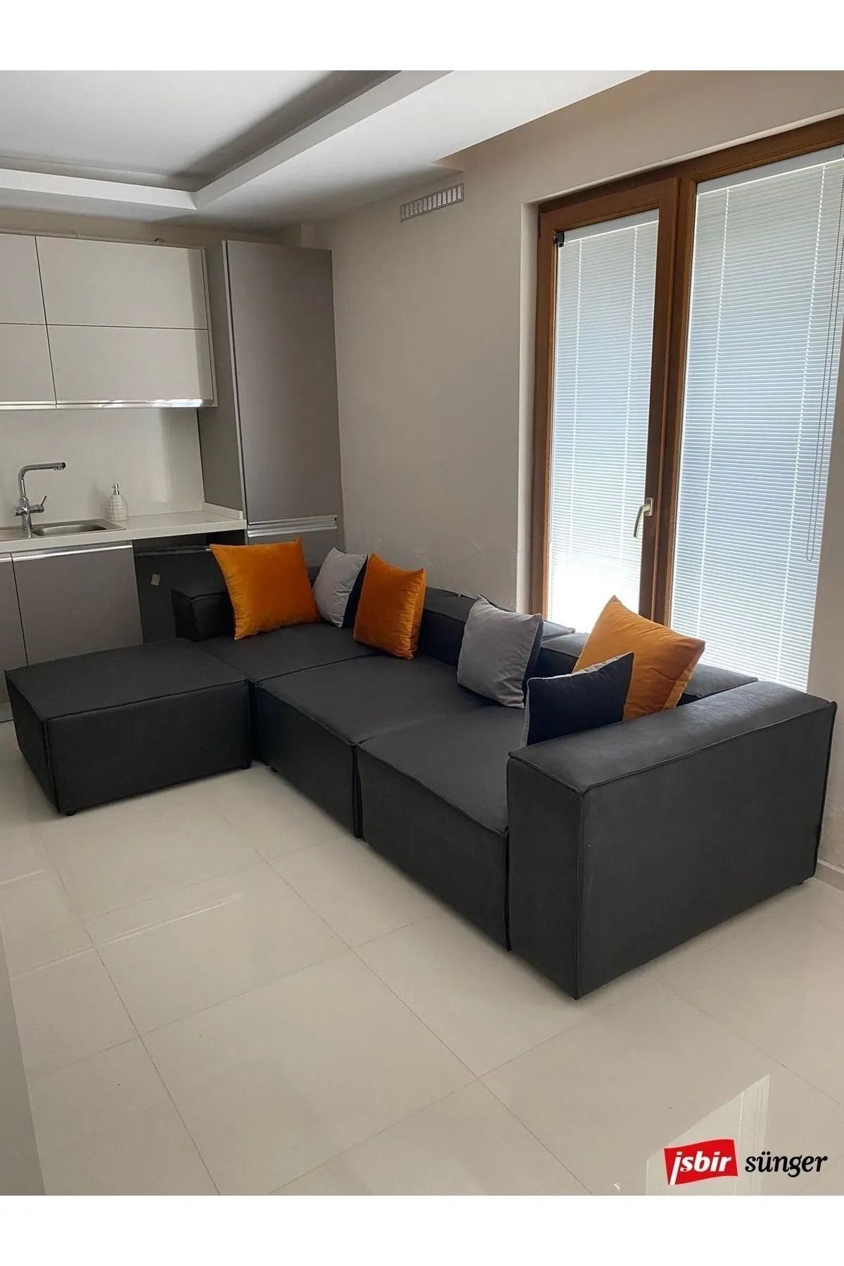 Salonev Salon Ev Soft Köşe Koltuk Takımı 4 Modül Antrasit NUBUK Kumaş Işbir Sünger(dairenize Teslim)