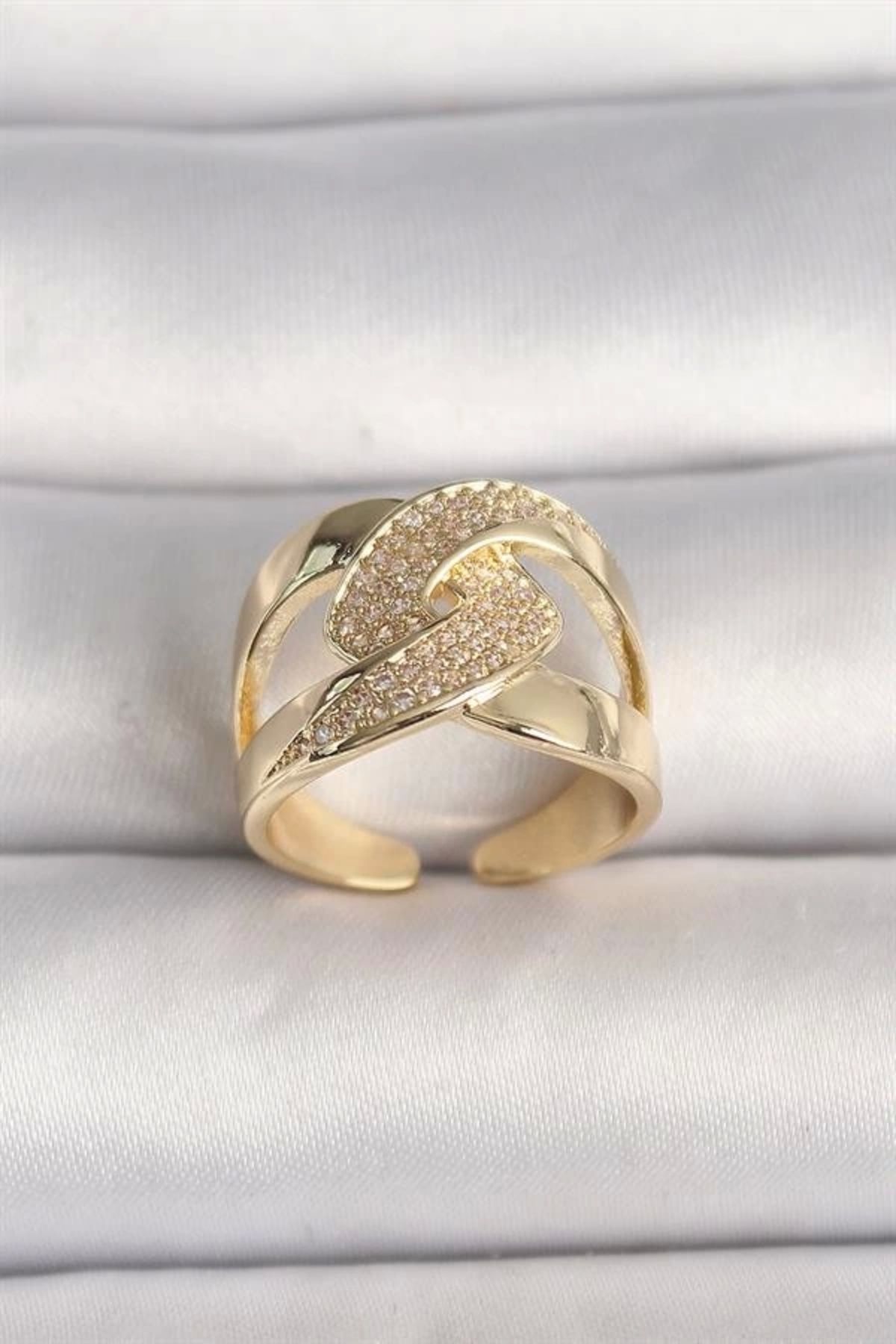 Lale Moda Pirinç Gold Renk Ayarlanabilir Zirkon Taşlı Kadın Yüzük