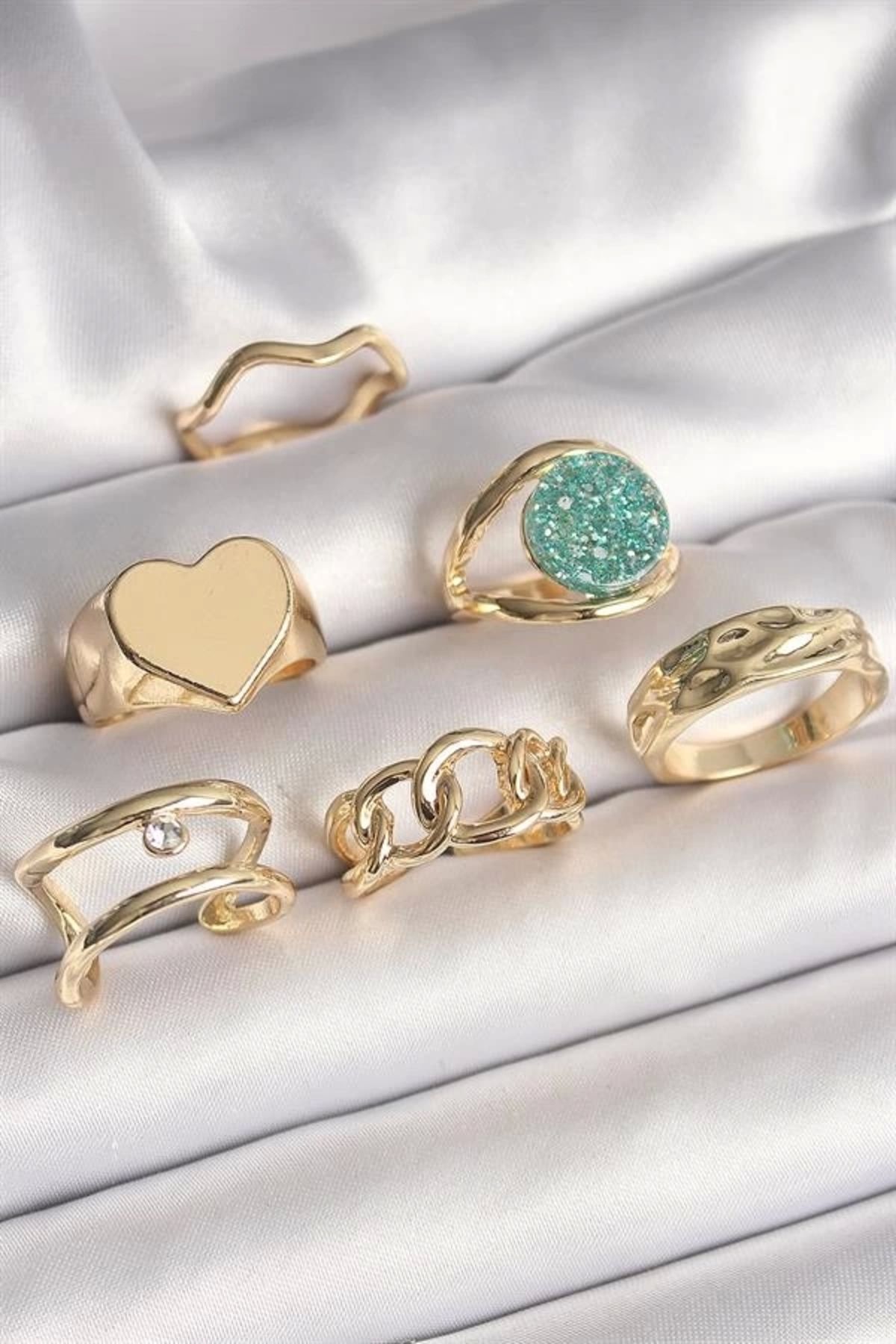Lale Moda Pirinç Gold Renk Zirkon Taşlı Kalp Plaka Figür Mavi Simli Detay 6'Lı Kadın Yüzük Seti