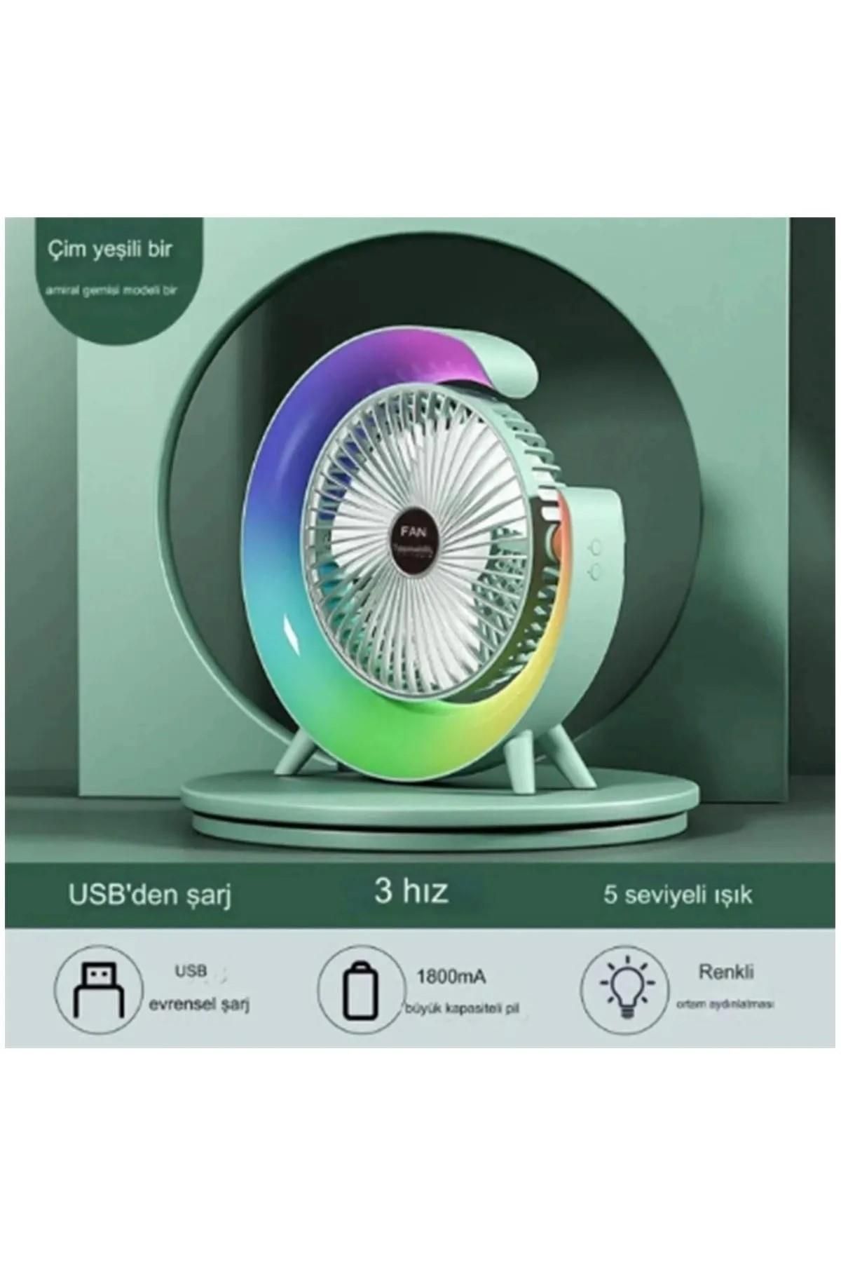PREPARE Masaüstü Vantilatör Usb Şarjlı Rgb Led Işıklı 3 Kademeli 180° Ayarlanabilir Soğutucu Fan Pembe