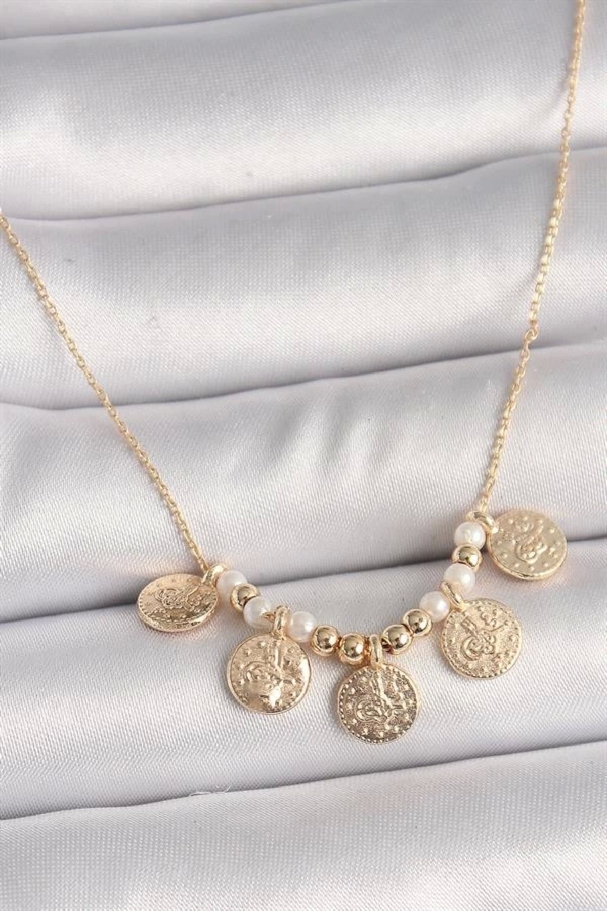 Lale Moda Pirinç Gold Renk 5'Li Osmanlı Tuğra Figür İnci Detay Kadın Kolye