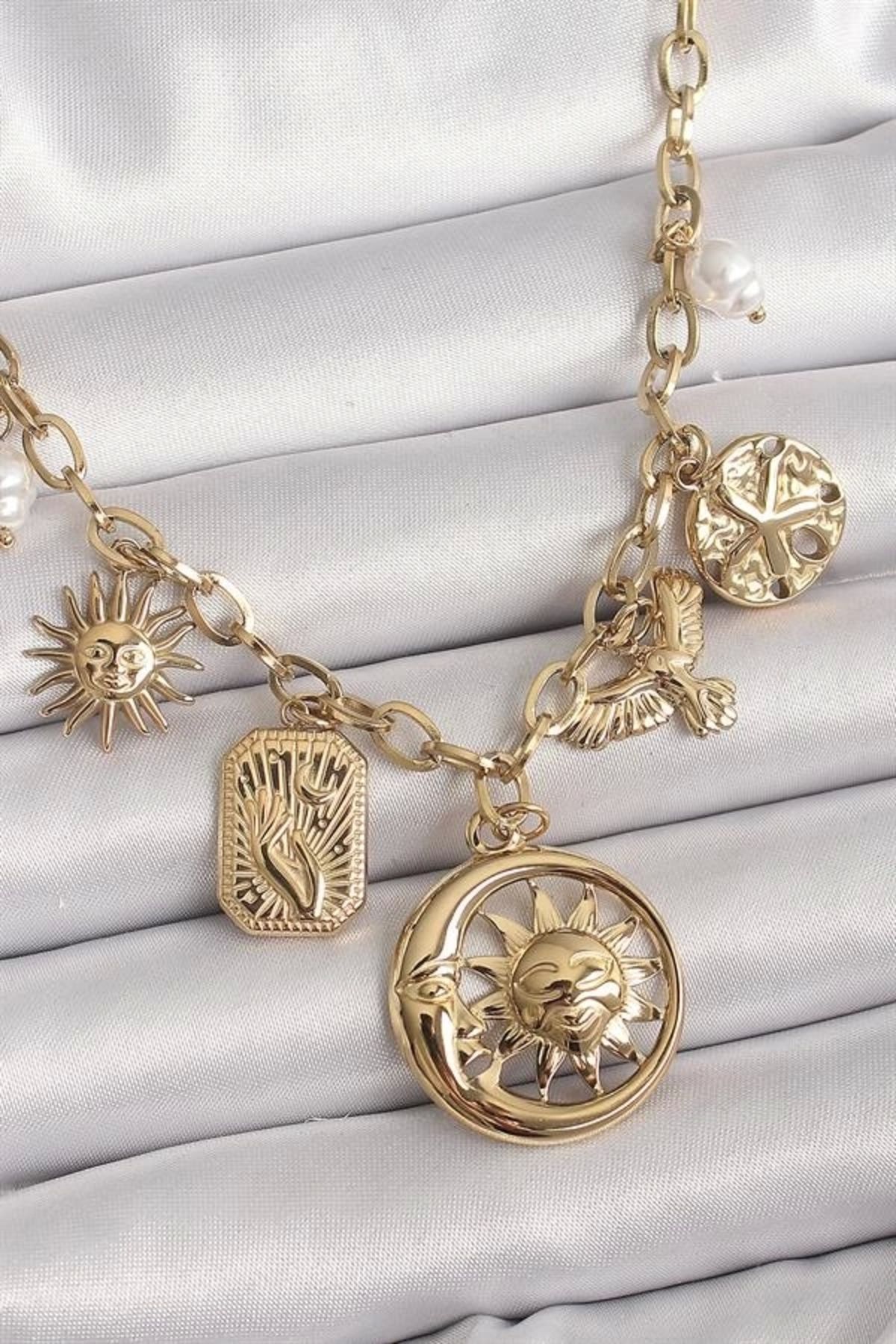 Lale Moda 316L Çelik Gold Renk Halka Zincir Sallantı Ay Güneş Figür Kuş Detay Kadın Kolye