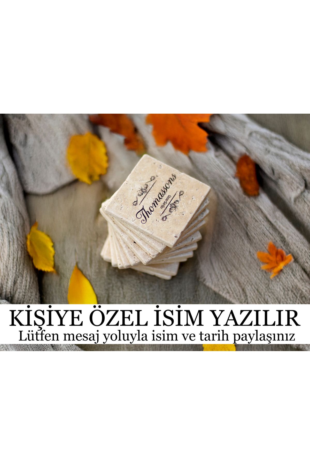 marbelix 6'lı Set Silva Traverten Mermer Bardak Altlığı Dizayn#1 - 10x10cm - Mesajla İsim ve Tarih Belirtiniz