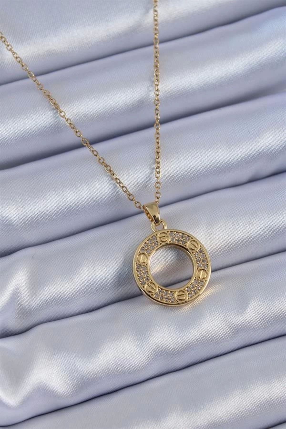 Lale Moda 316L Çelik Gold Renk Zirkon Taşlı Model Kadın Kolye