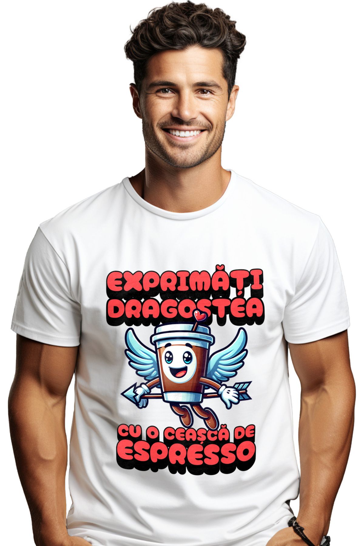 StoryGift Romania Tricou Barbati Exprimati Dragostea Cu O Ceasca De Espresso Cu Imprimeu Pe Fata, 100% Bumbastg Masculin - XS