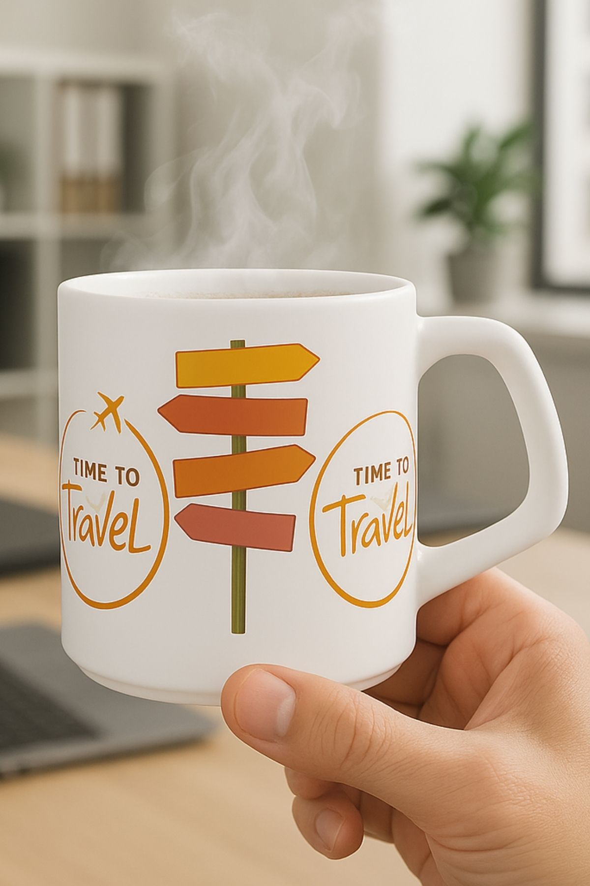 GENGSİ Time to Travel Kare Kulplu Seramik Kupa Bardak 225 ml