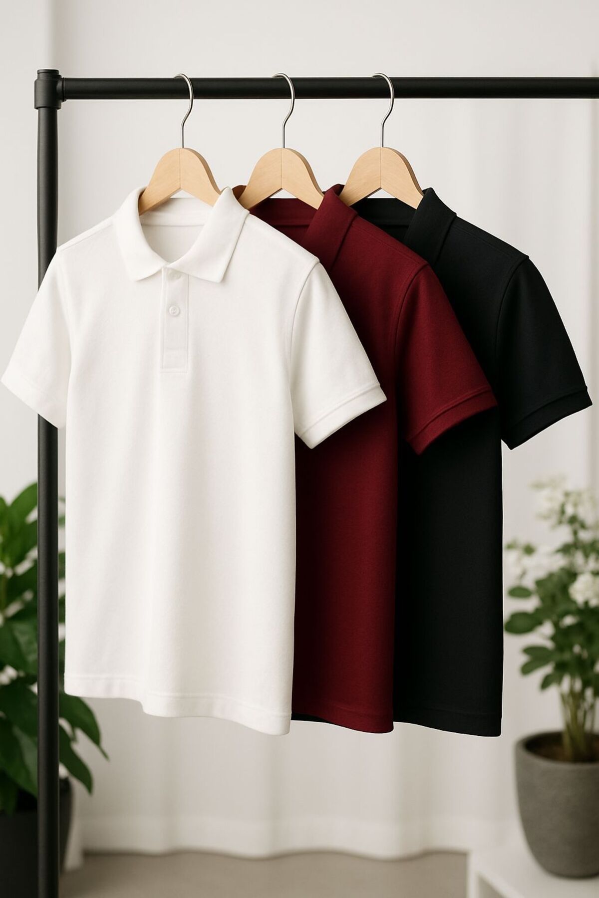 EKZMODA Regular Fit Beyaz Bordo Siyah 3 lü Set Erkek Polo Yakalı T-shirt