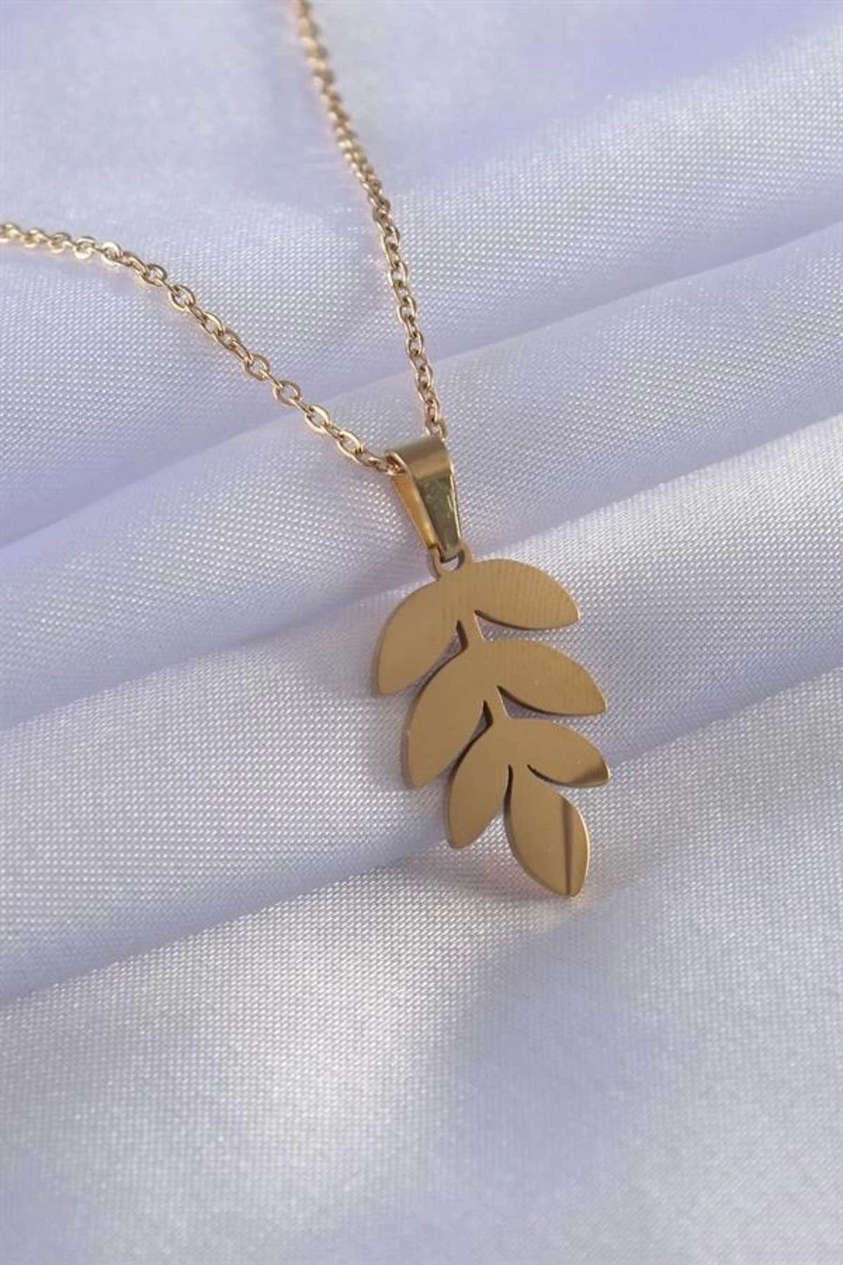 Lale Moda 316L Çelik Gold Renk Yaprak Model Kadın Kolye