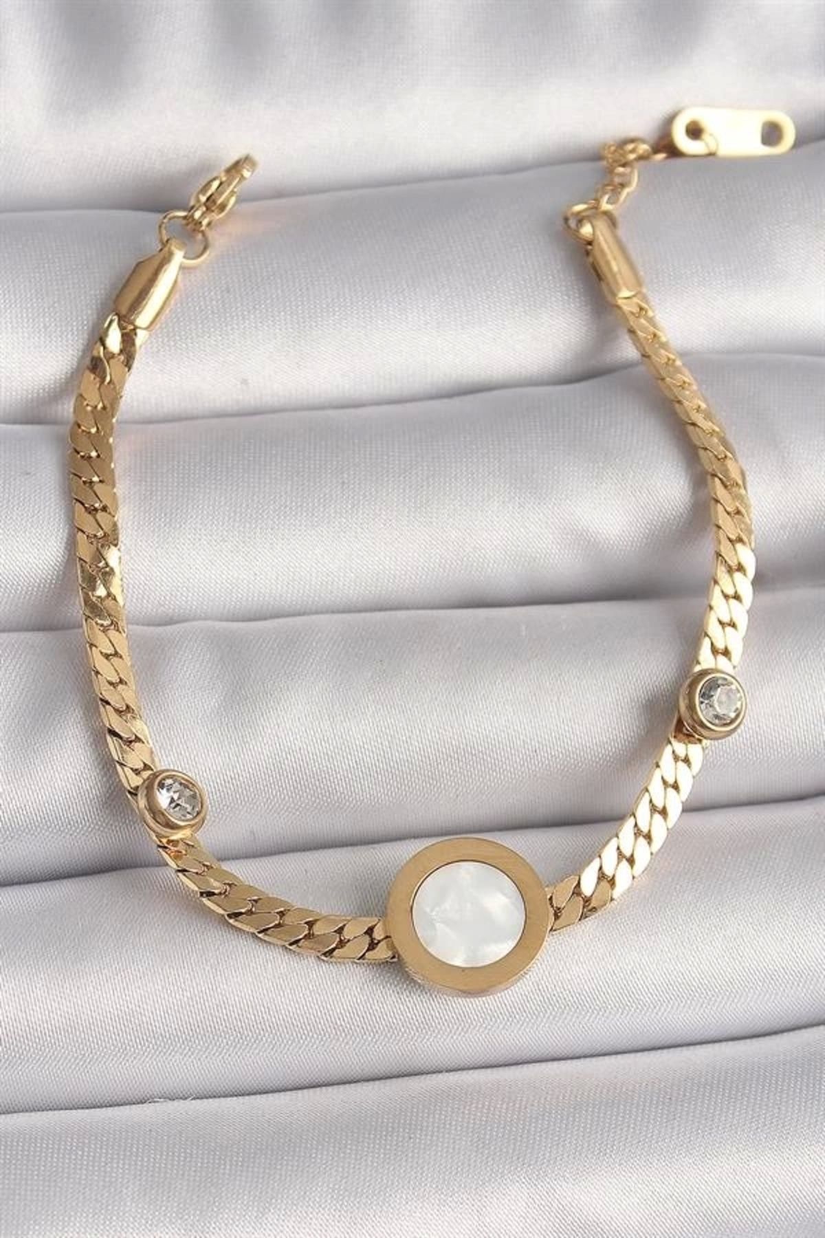 Lale Moda 316L Çelik Gold Renk Yassı Zincir Model Zirkon Taş Detaylı Beyaz Mineli Madalyon Model Kadın Bilekli