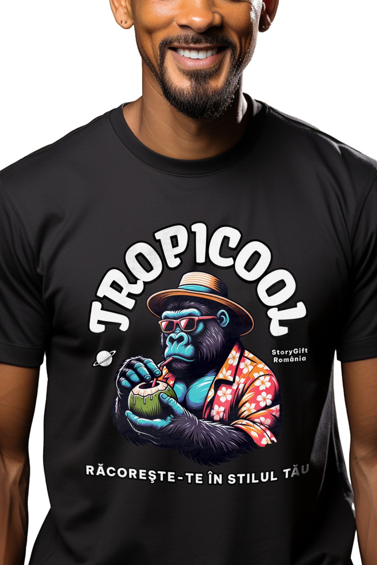 StoryGift Romania Tricou Barbati Tropicool Racoreste-te In Stilul Tau Cu Imprimeu Pe Fata, 100% Bumbac, Neg Stg Masculin - S