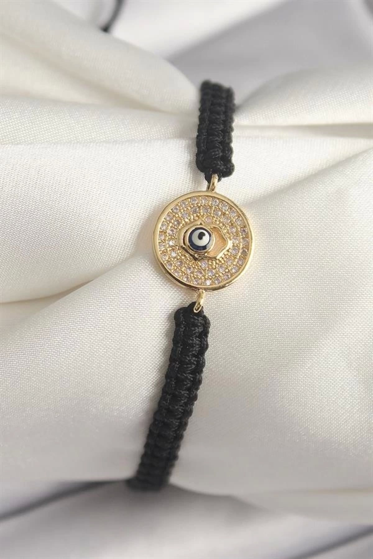 Lale Moda Pirinç Gold Renk Zirkon Taşlı Nazar Boncuk İşleme Makrome Asansörlü Model Kadın Bileklik