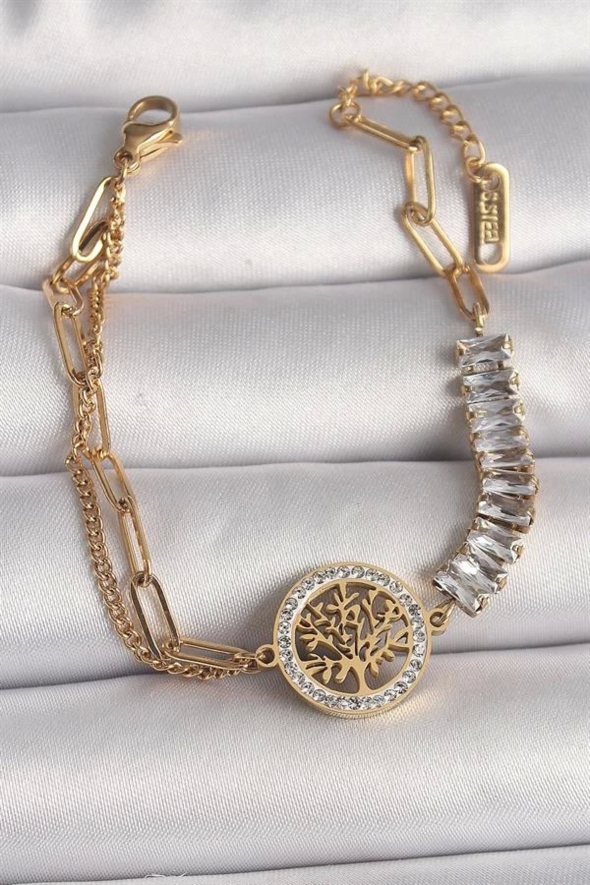 Lale Moda 316L Çelik Gold Renk 2'Li Zincir Su Yolu Zirkon Taşlı Yaşam Ağacı Figür Kadın Bileklik