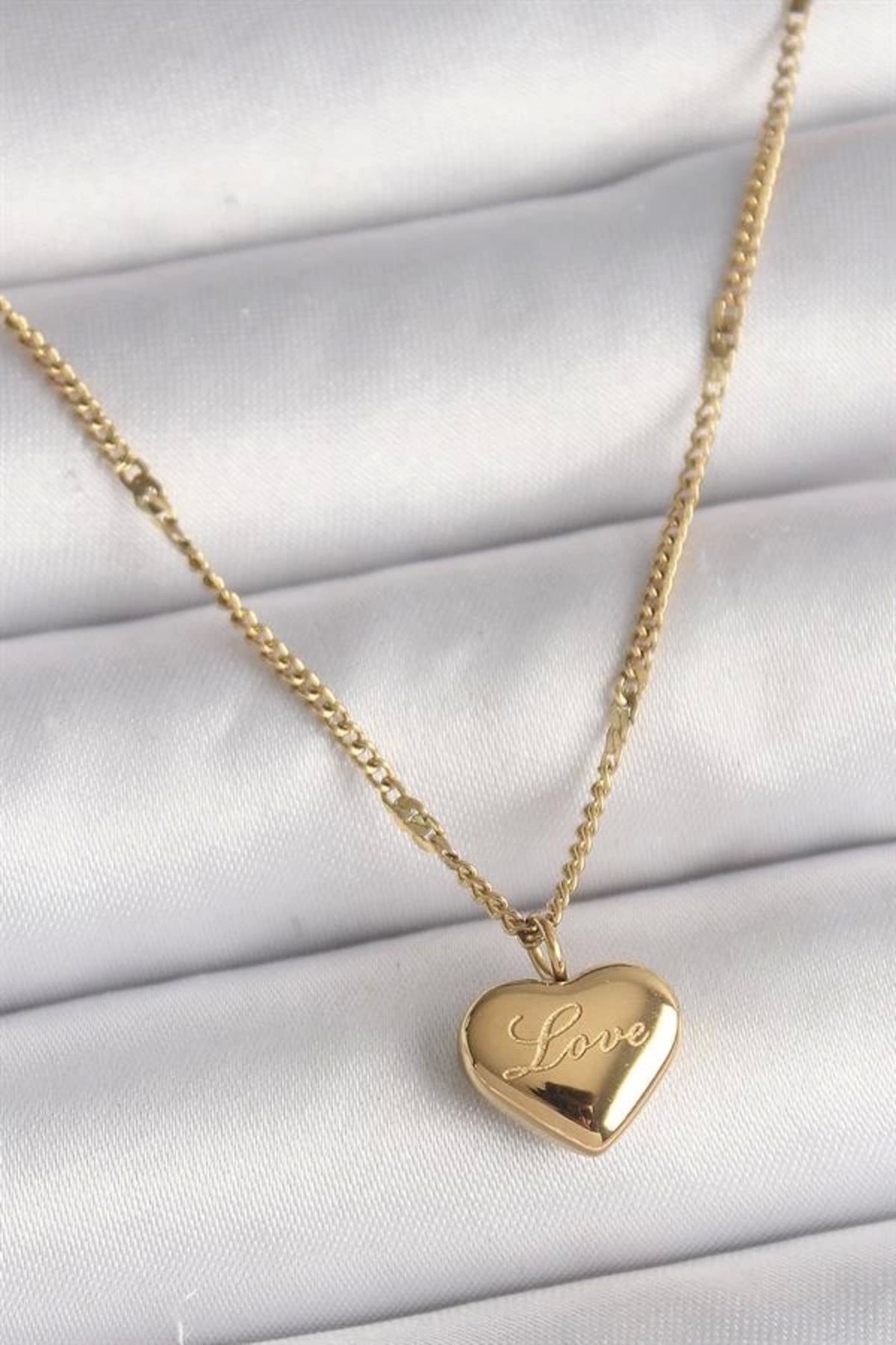 Lale Moda 316L Çelik Gold Renk Zincir Love İşlemeli Kalp Figür Kadın Kolye