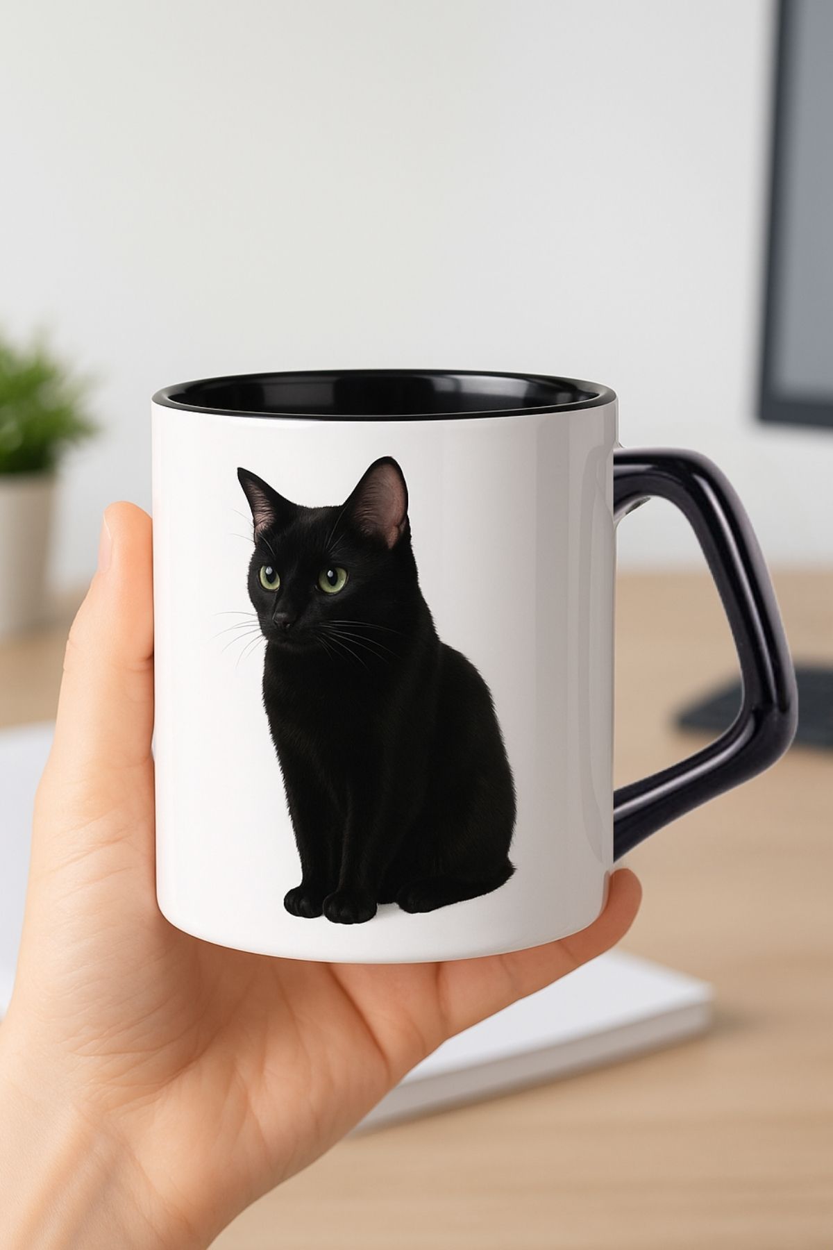 GENGSİ Meturas Siyah Kedi Kare Kulplu Porselen Kupa Bardak 225 ml