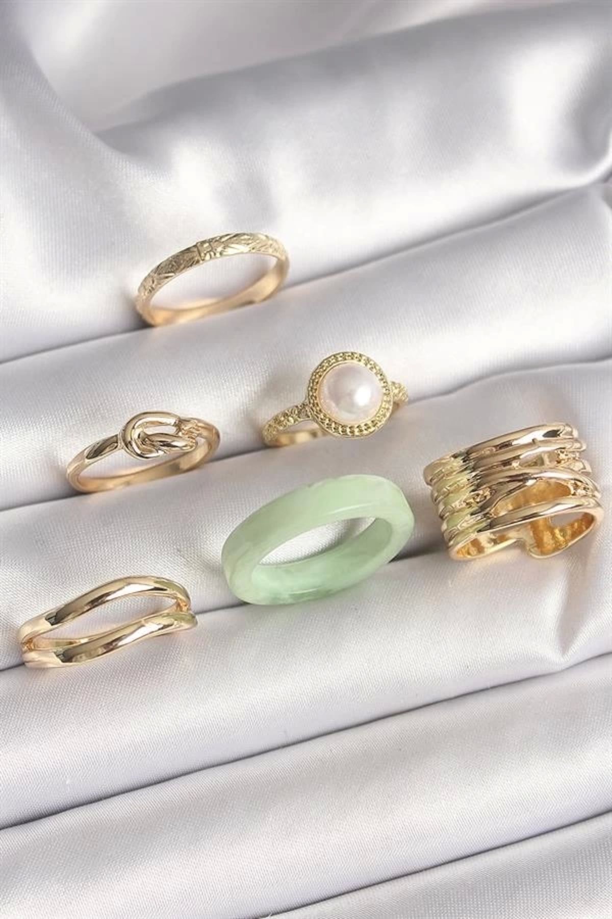 Lale Moda Pirinç Gold Renk Düğüm Model İncili İşlemeli Plaka Model 6'Lı Kadın Yüzük Seti