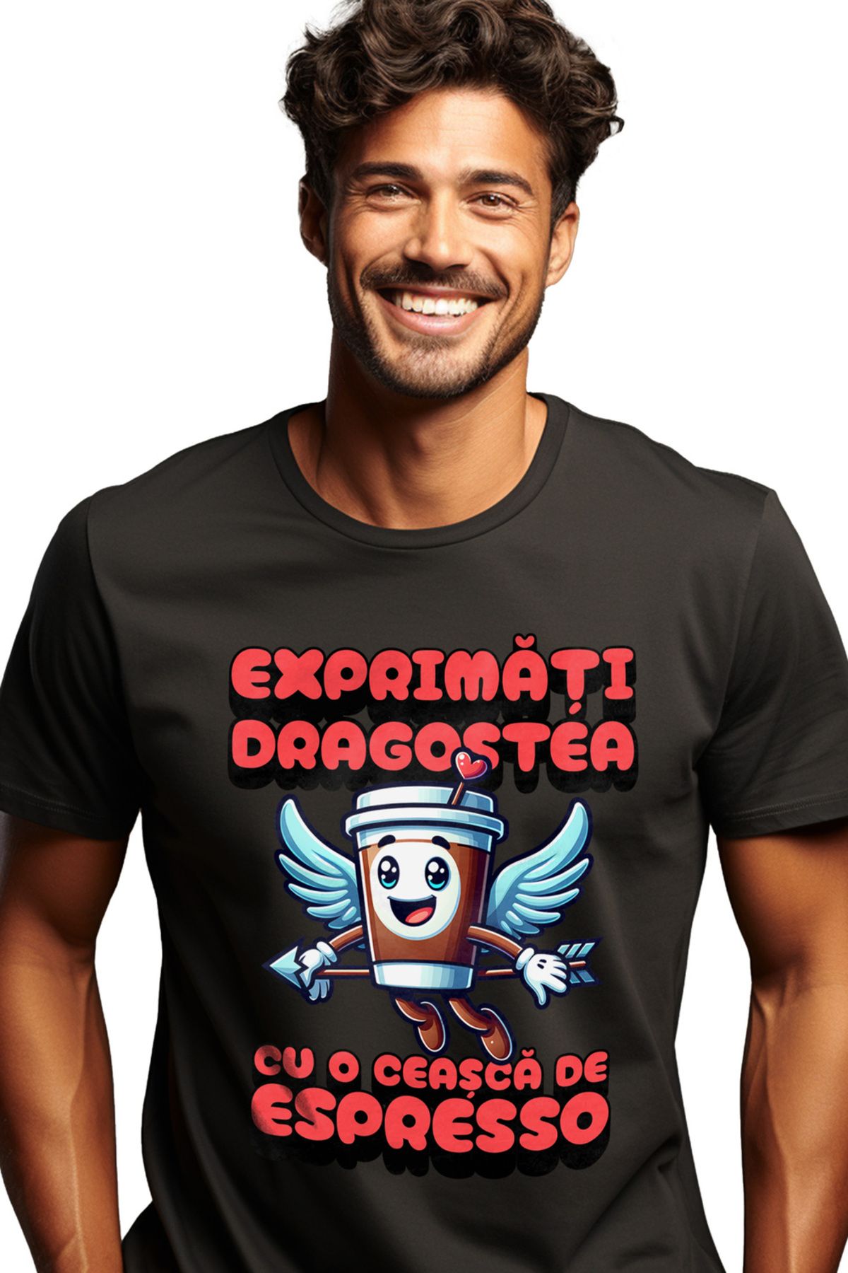 StoryGift Romania Tricou Barbati Exprimati Dragostea Cu O Ceasca De Espresso Cu Imprimeu Pe Fata, 100% Bumbastg Masculin - M