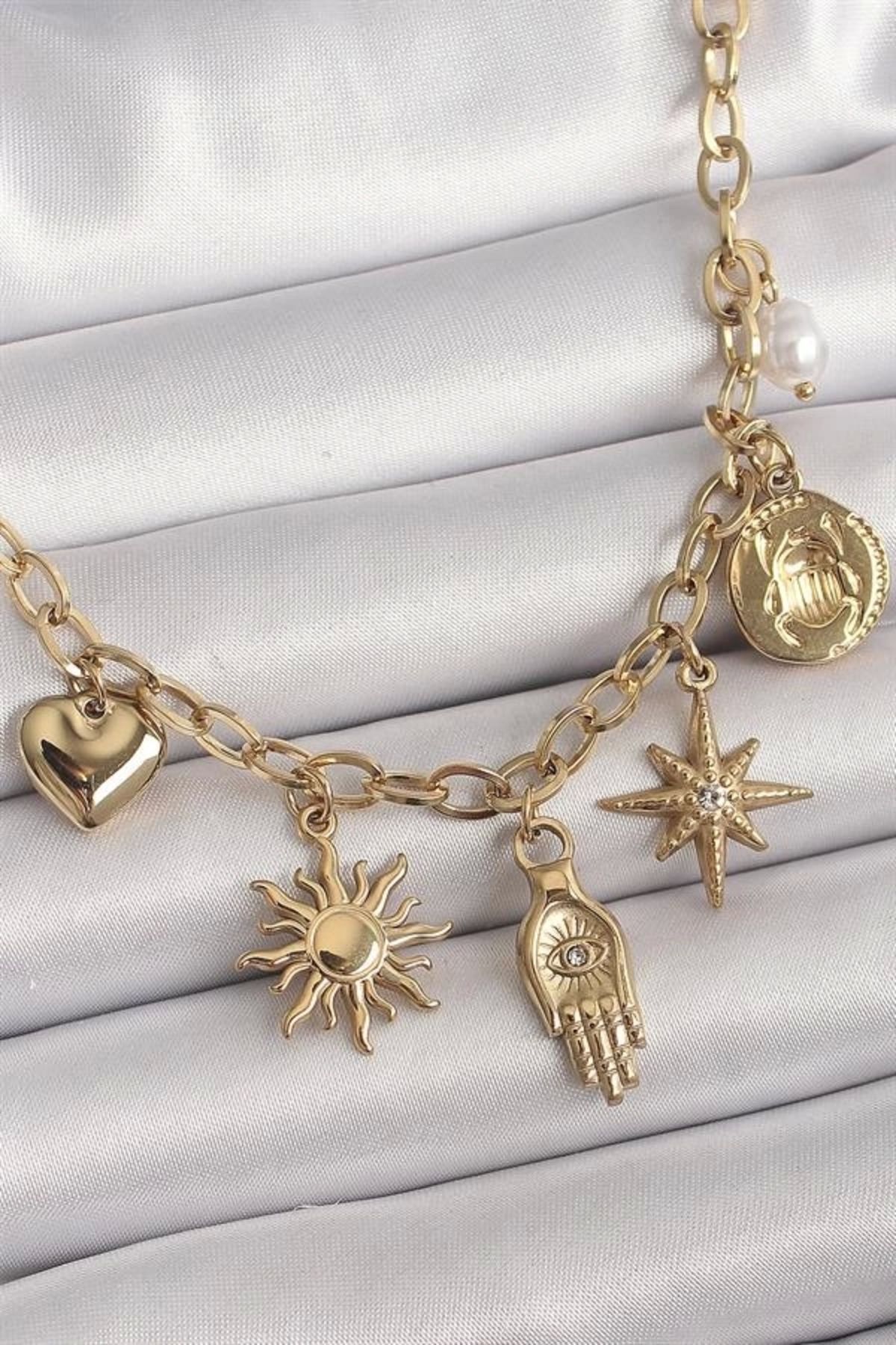 Lale Moda 316L Çelik Gold Renk Halka Zincir Zirkon Taş Detaylı Fatma Ana El Figür Güneş Detay Kadın Kolye