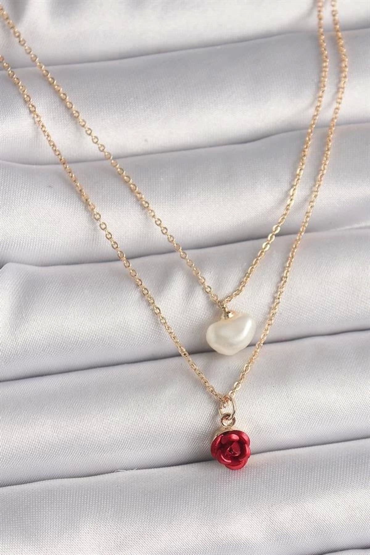 Lale Moda Pirinç Gold Renk 2'Li Zincir Model Gül Figür İnci Detay Kadın Kolye