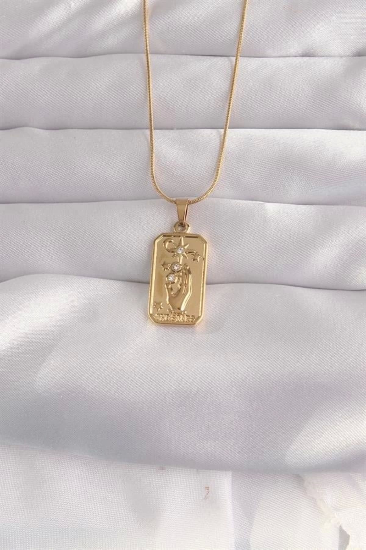 Lale Moda 316L Çelik Gold Renk Zirkon Taşlı El Figür Vintage Kolye