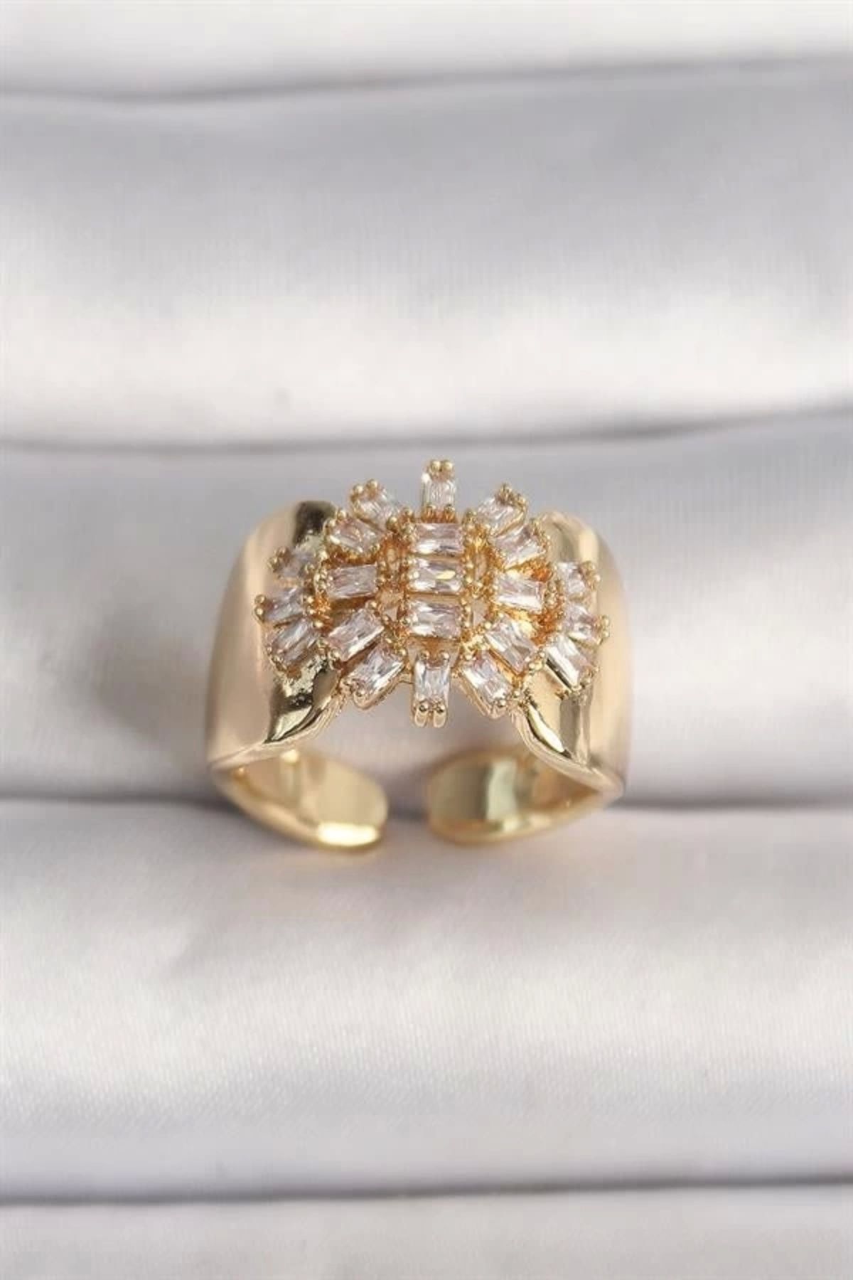 Lale Moda Pirinç Gold Renk Ayarlanabilir Baget Zirkon Taş Kadın Yüzük