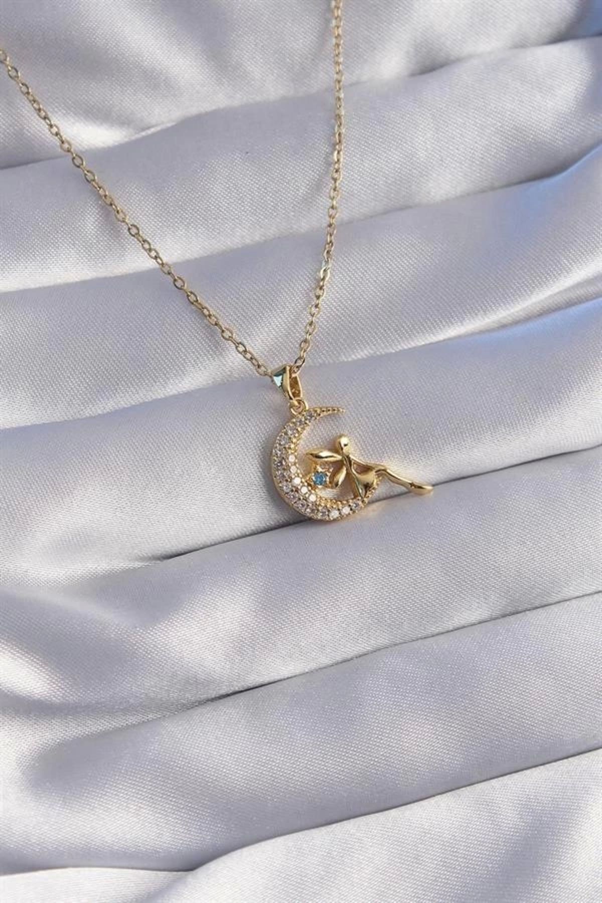 Lale Moda 316L Çelik Zincir Gold Renk Peri Figürlü Zirkon Taşlı Ay Tasarımlı Kolye