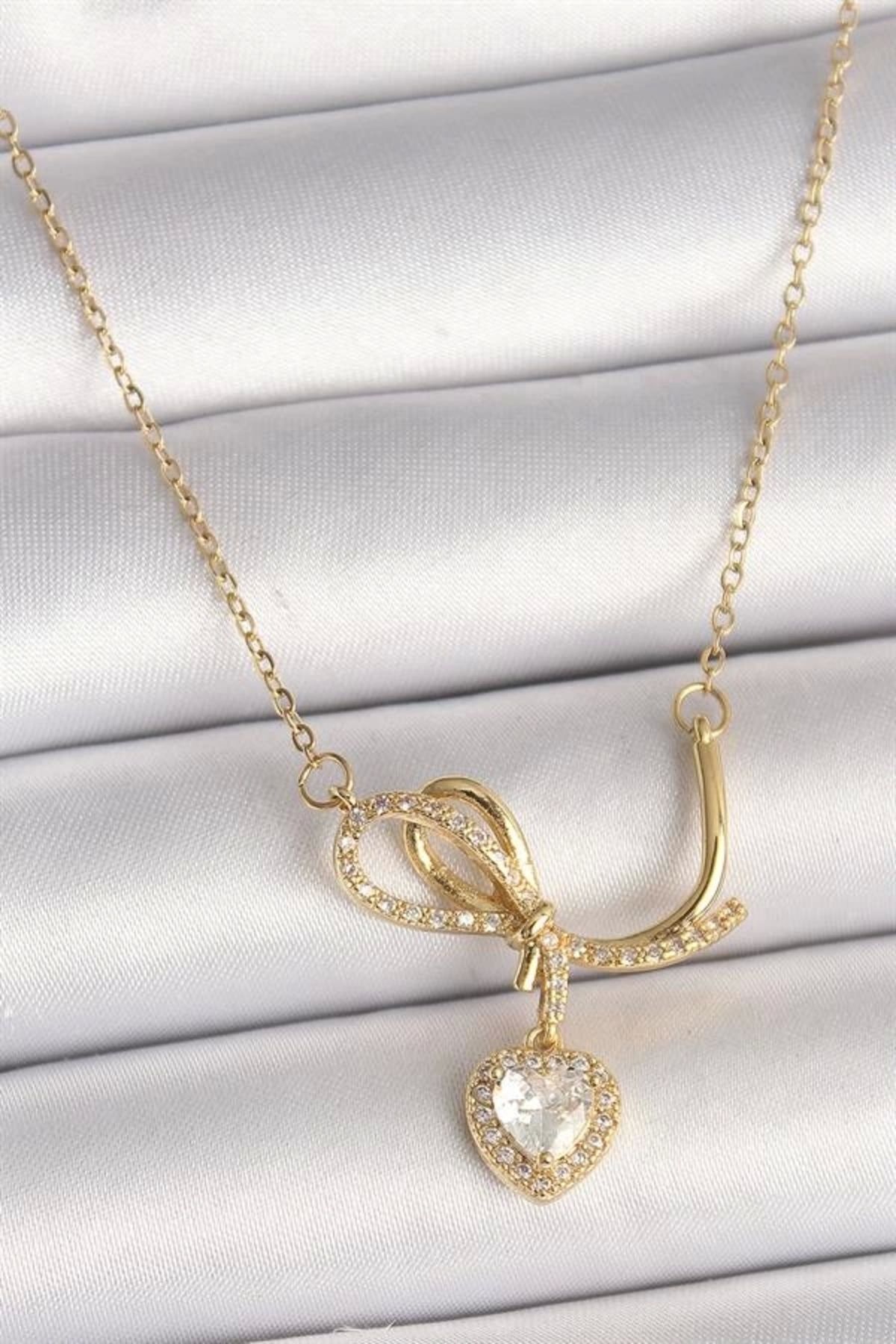 Lale Moda 316L Çelik Gold Renk Zincir Zirkon Taşlı Düğüm Sallantı Kalp Model Kadın Kolye