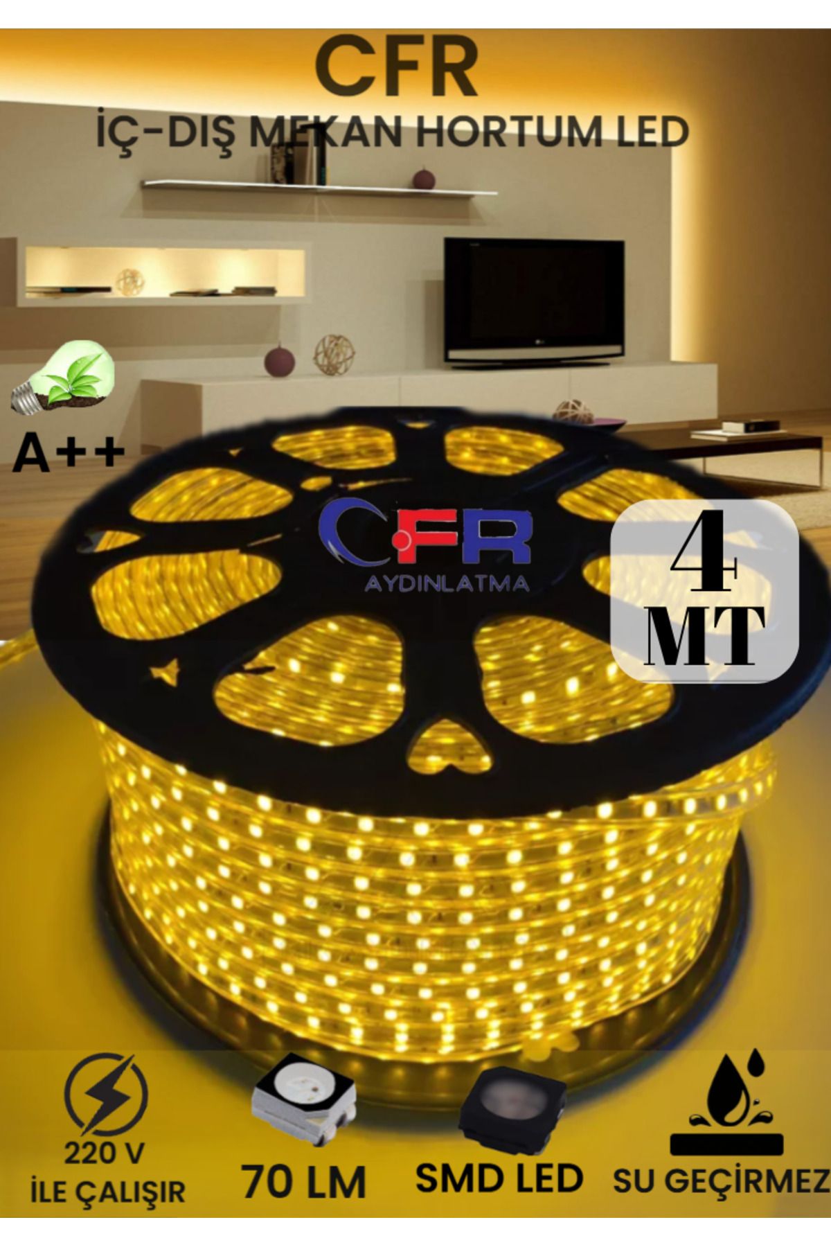 CFR Hortum Esnek Şerit Led Beyaz günışığı,amber Rengi + 220v Fiş/2,3,4,5,10,15,20,25,50,100 Metre