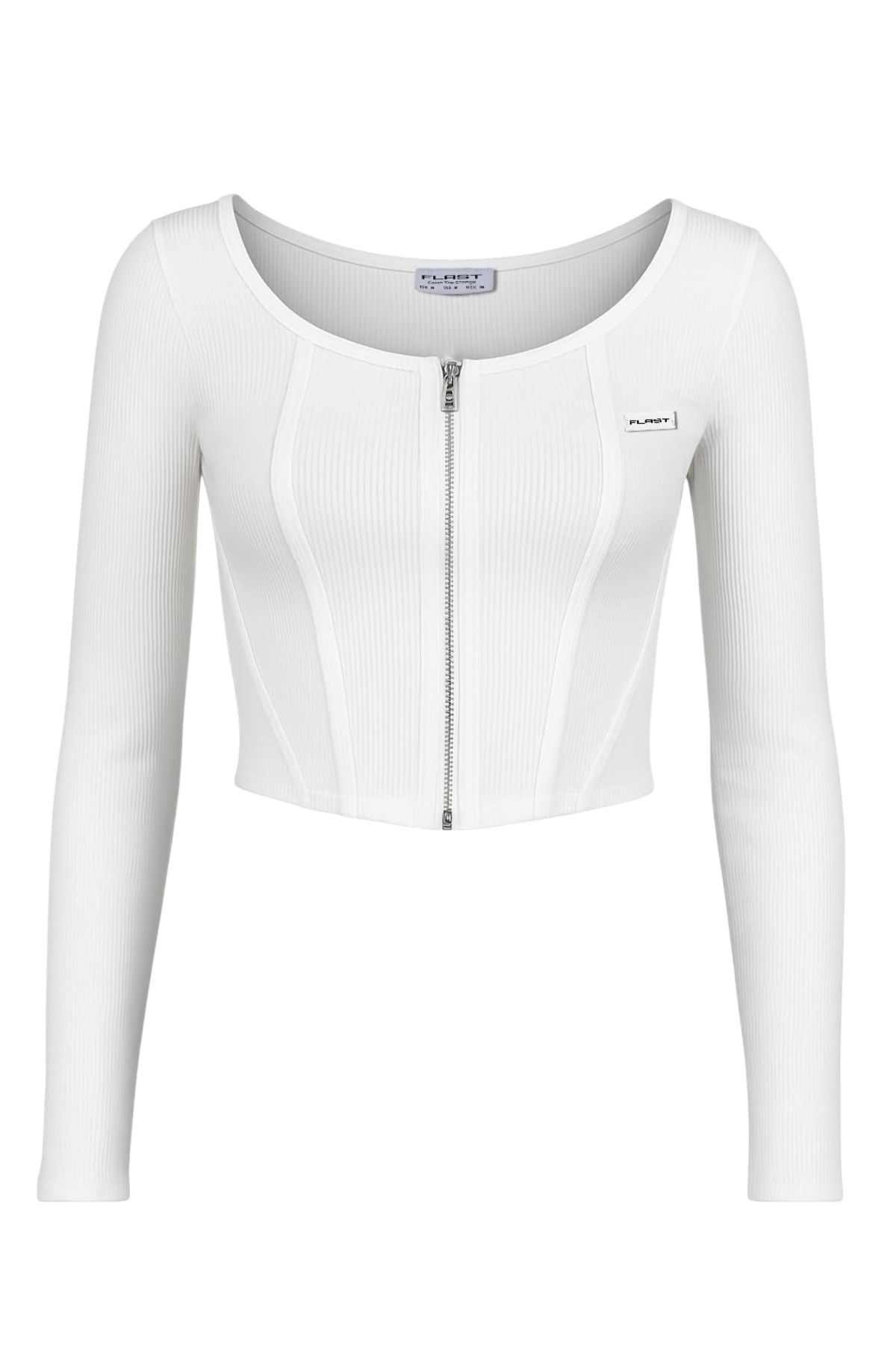 FLAST Kadın Beyaz Fermuarlı Uzun Kollu Klei Ribana Organik Pamuk Kumaş Jakob Crop Top Bluz
