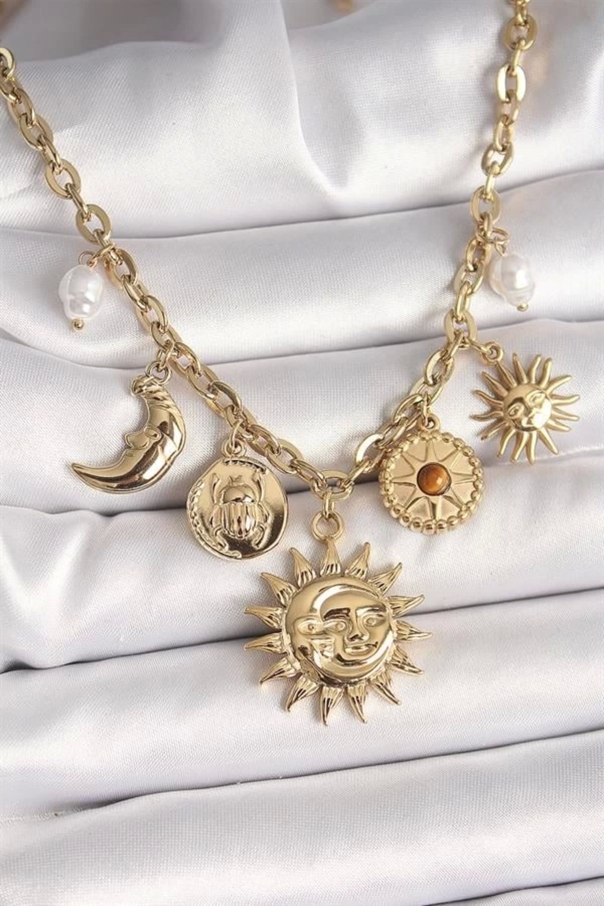 Lale Moda 316L Çelik Gold Renk Ay Güneş Model İnci Detay Kadın Kadın Kolye