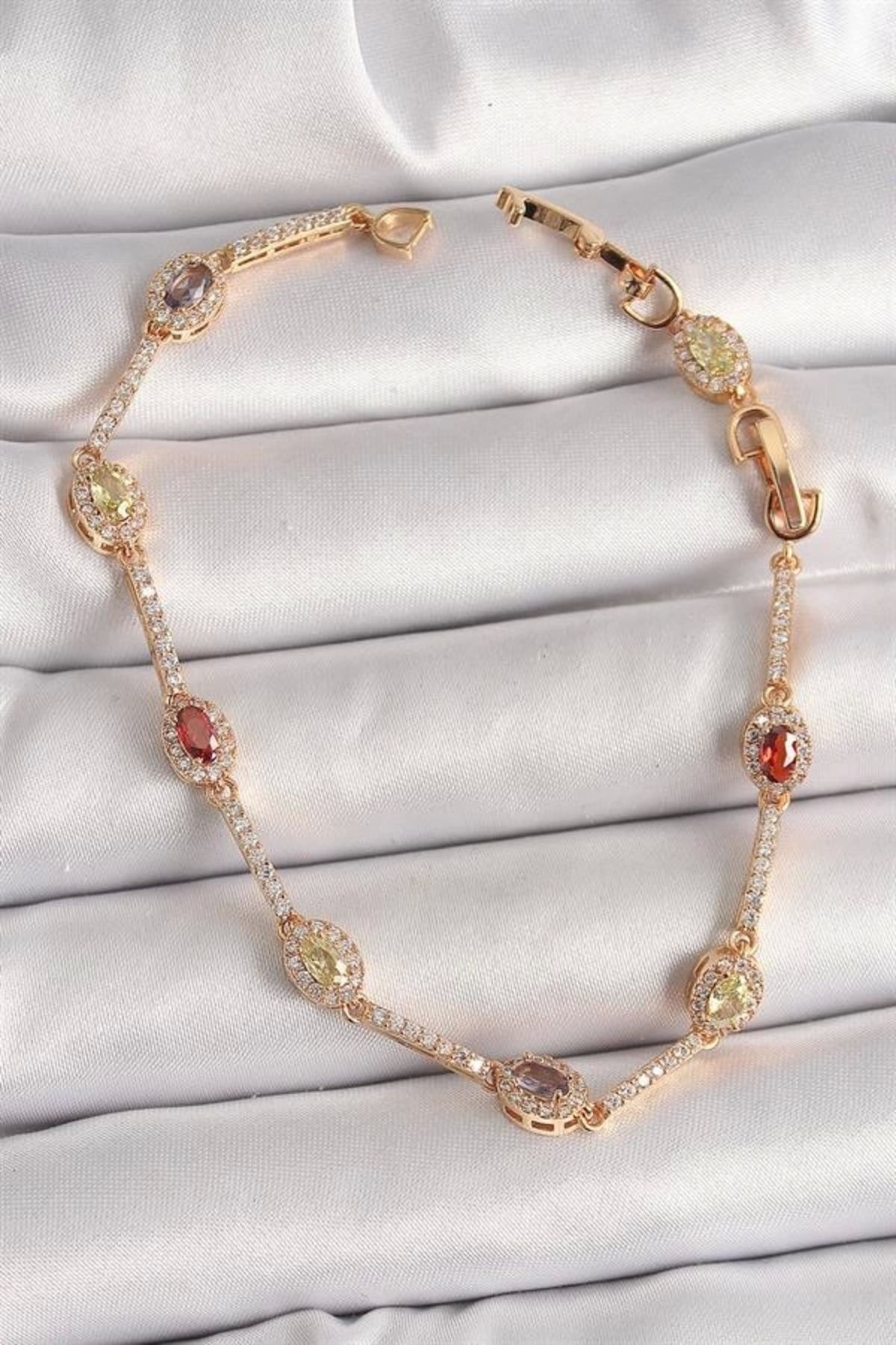 Lale Moda Pirinç Gold Renk Renkli Damla Zirkon Taşlı Kadın Bileklik