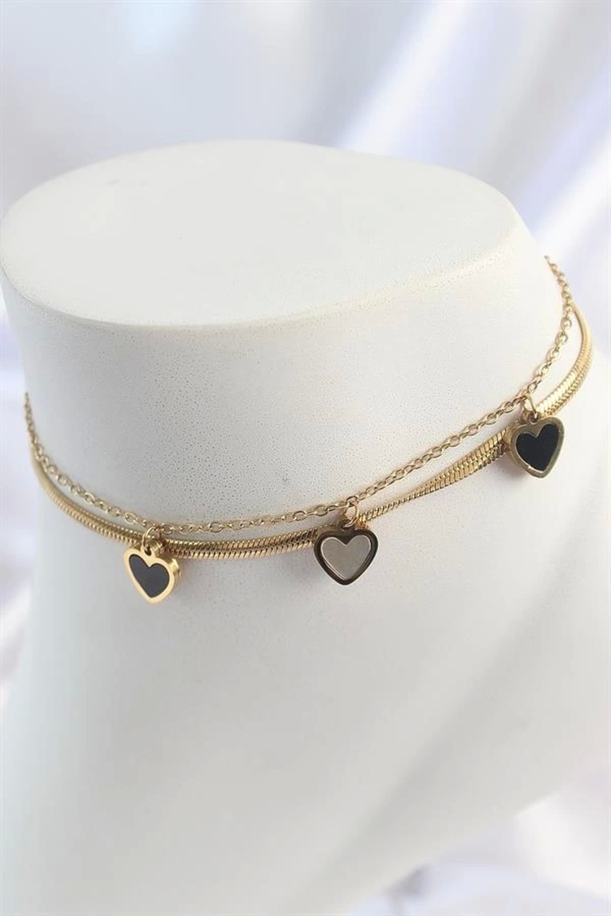 Lale Moda 316L Çelik Gold Renk 2'Li İtalyan Zincir Model Sallantı Kalp Figür Kadın Halhal