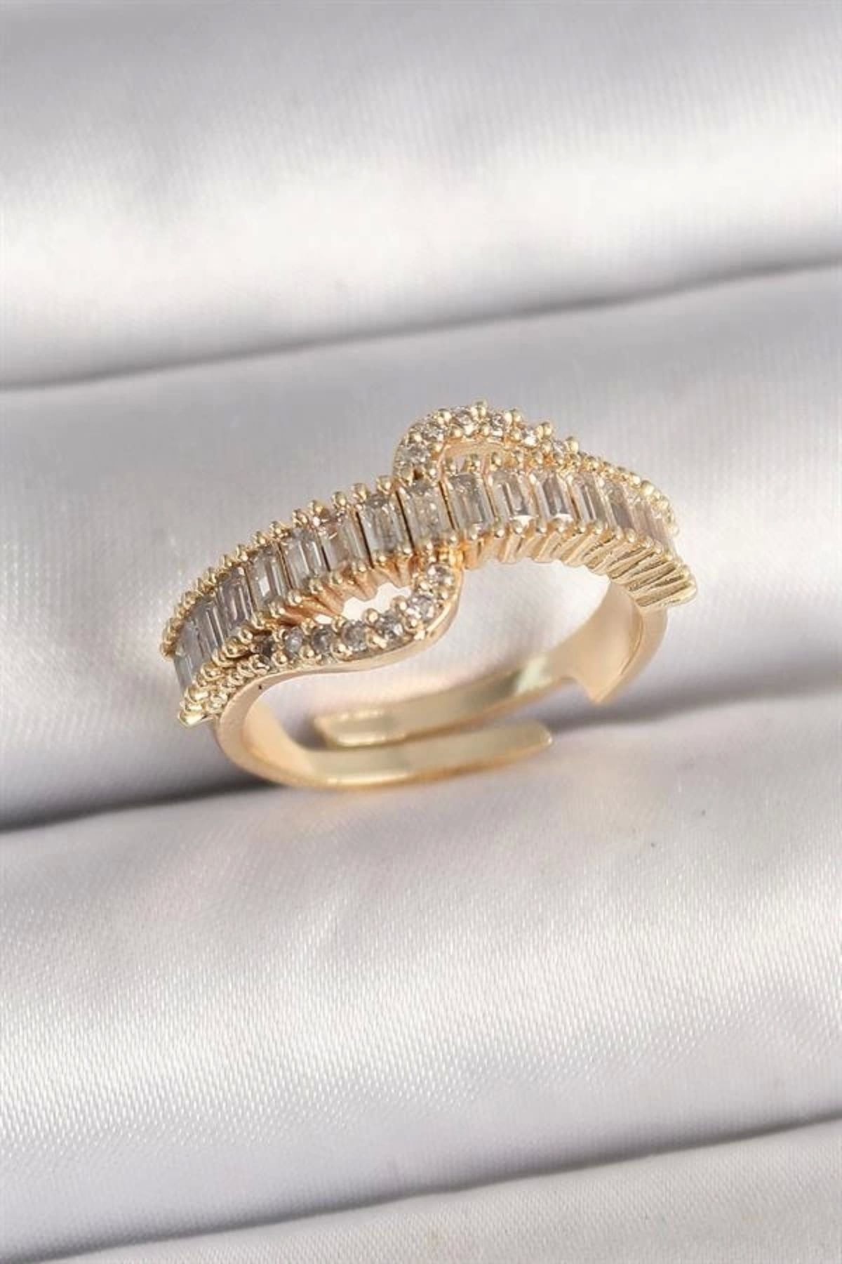 Lale Moda Pirinç Gold Renk Su Yolu Zirkon Taşlı Ayarlanabilir Model Kadın Yüzük