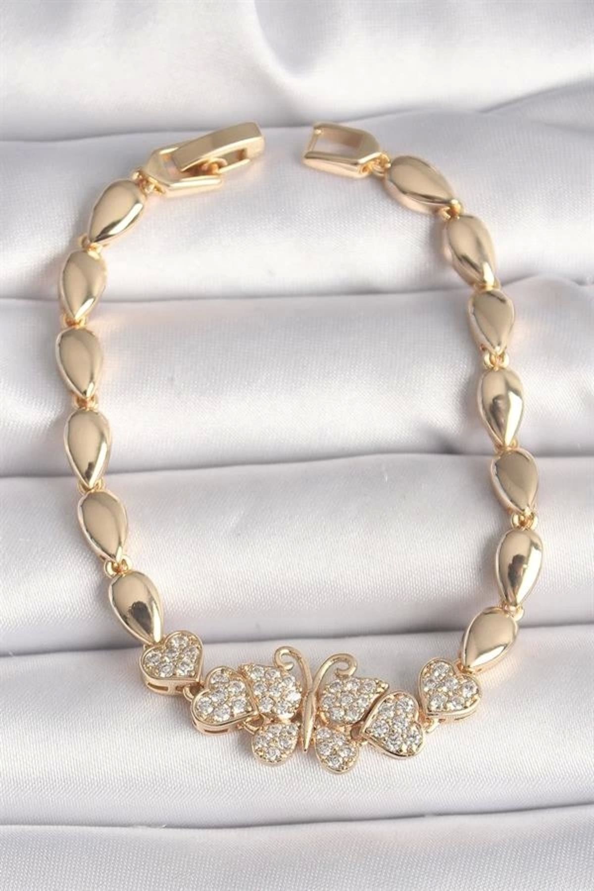 Lale Moda Pirinç Gold Renk Zirkon Taşlı Kelebek Figür Damla Zincir Model Kadın Bileklik