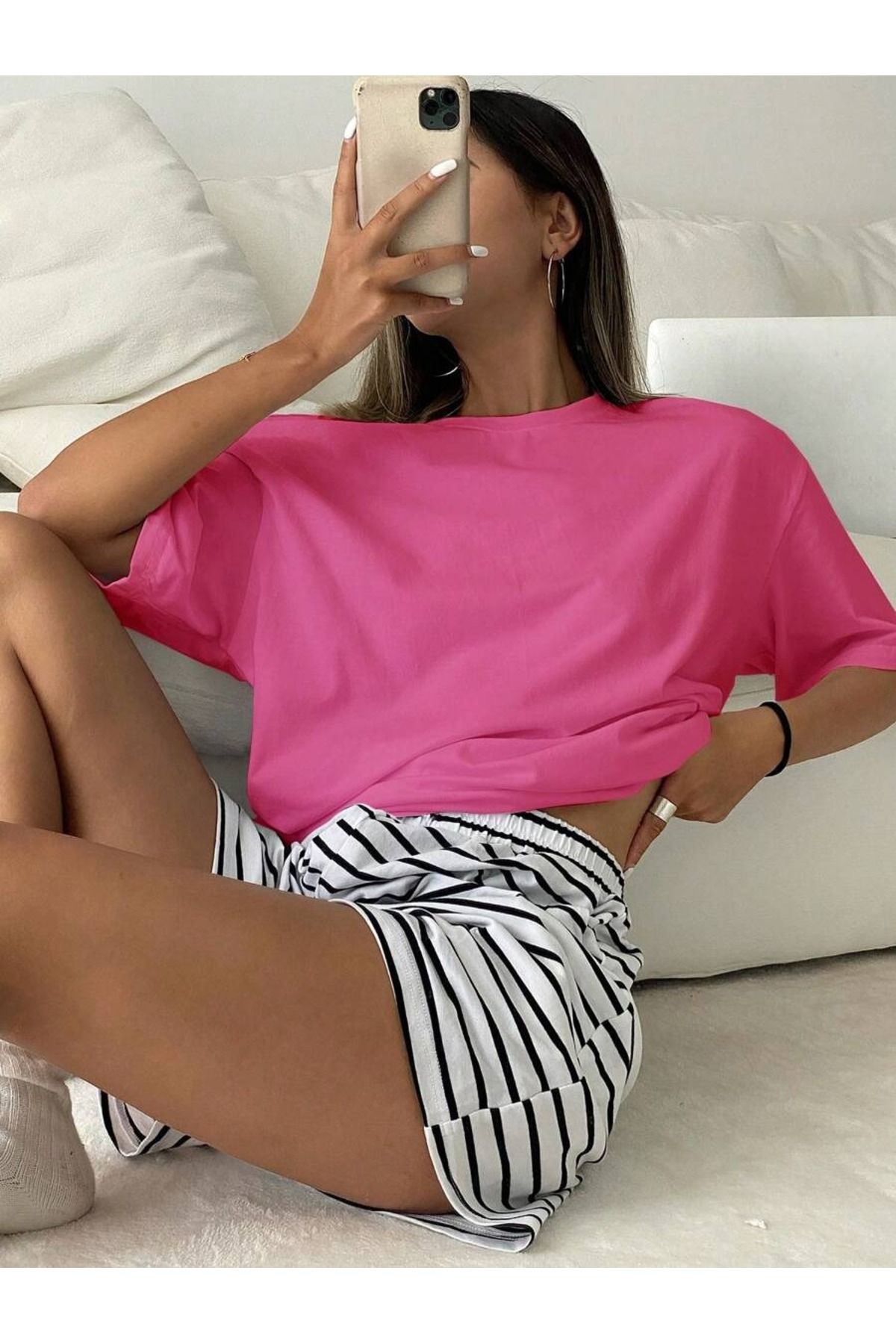 OVER HEAD Kadın Çizgili Şortlu Düz Pijama Takımı