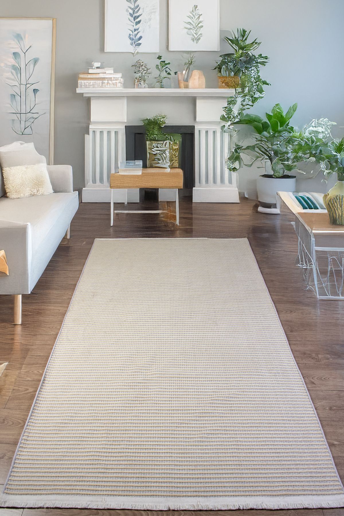 Badelya Home Beyaz Şönil Makinada Yıkanabilir Kaymaz Taban Saçaklı Pamuklu Halı Kilim Oturma Odası Salon Mutfak