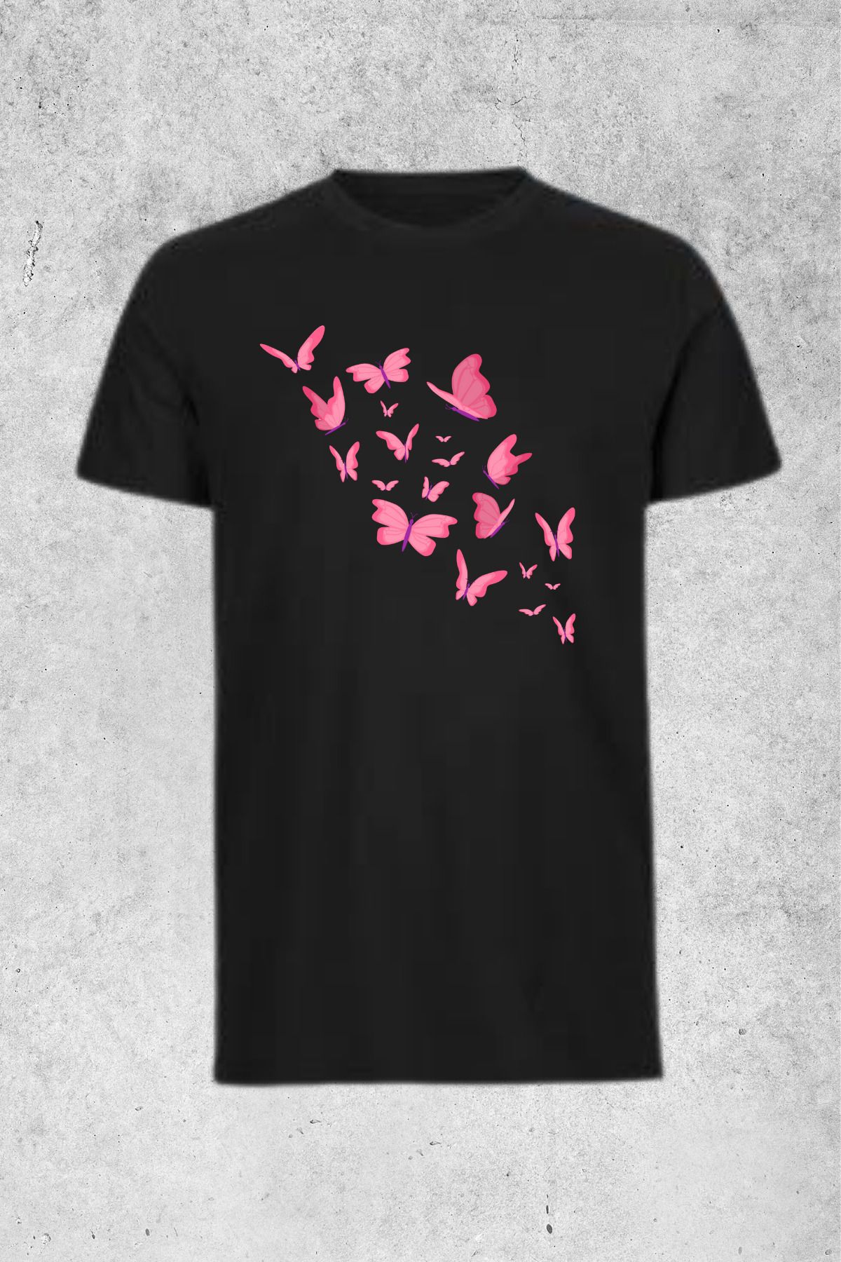 MOLICO Basic unisex sıfır yaka kısa kollu PEMBE KELEBEK baskılı tshirt