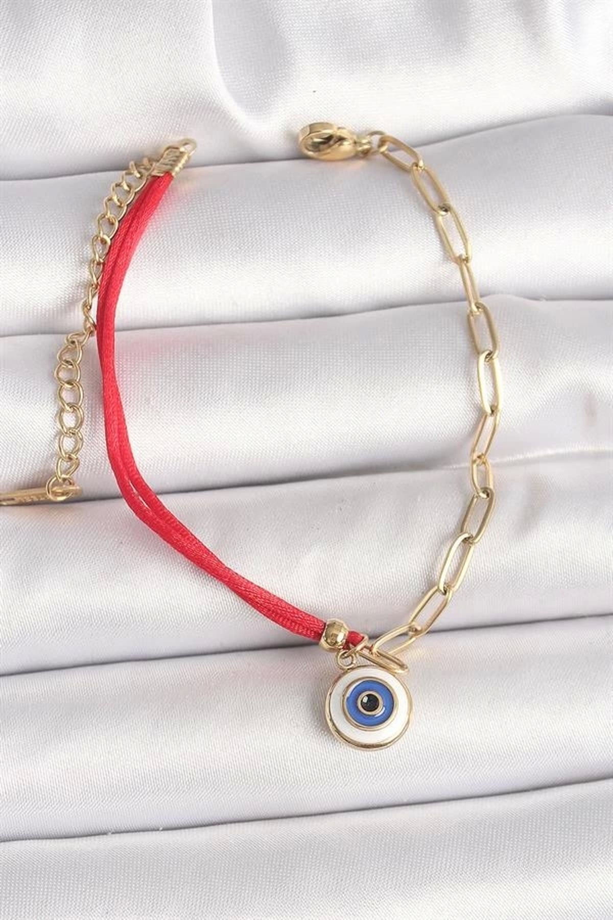 Lale Moda 316L Çelik Gold Renk Zincir Kırmızı İp Model Sallantı Nazar Boncuk Figür Kadın Bileklik