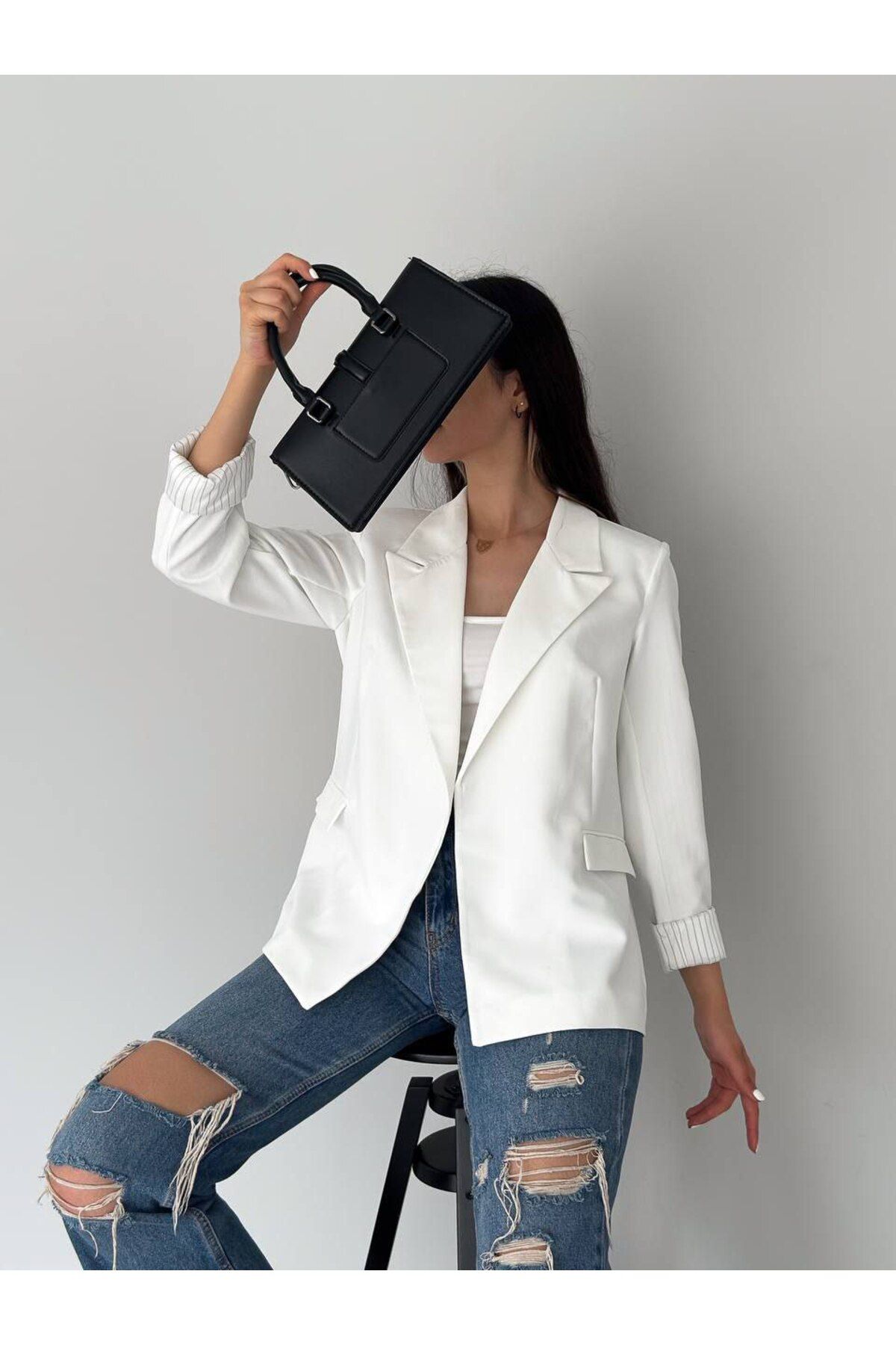 STMT BUTİK Astarlı Kruvaze Kadın Ceket – Çizgili Blazer Model