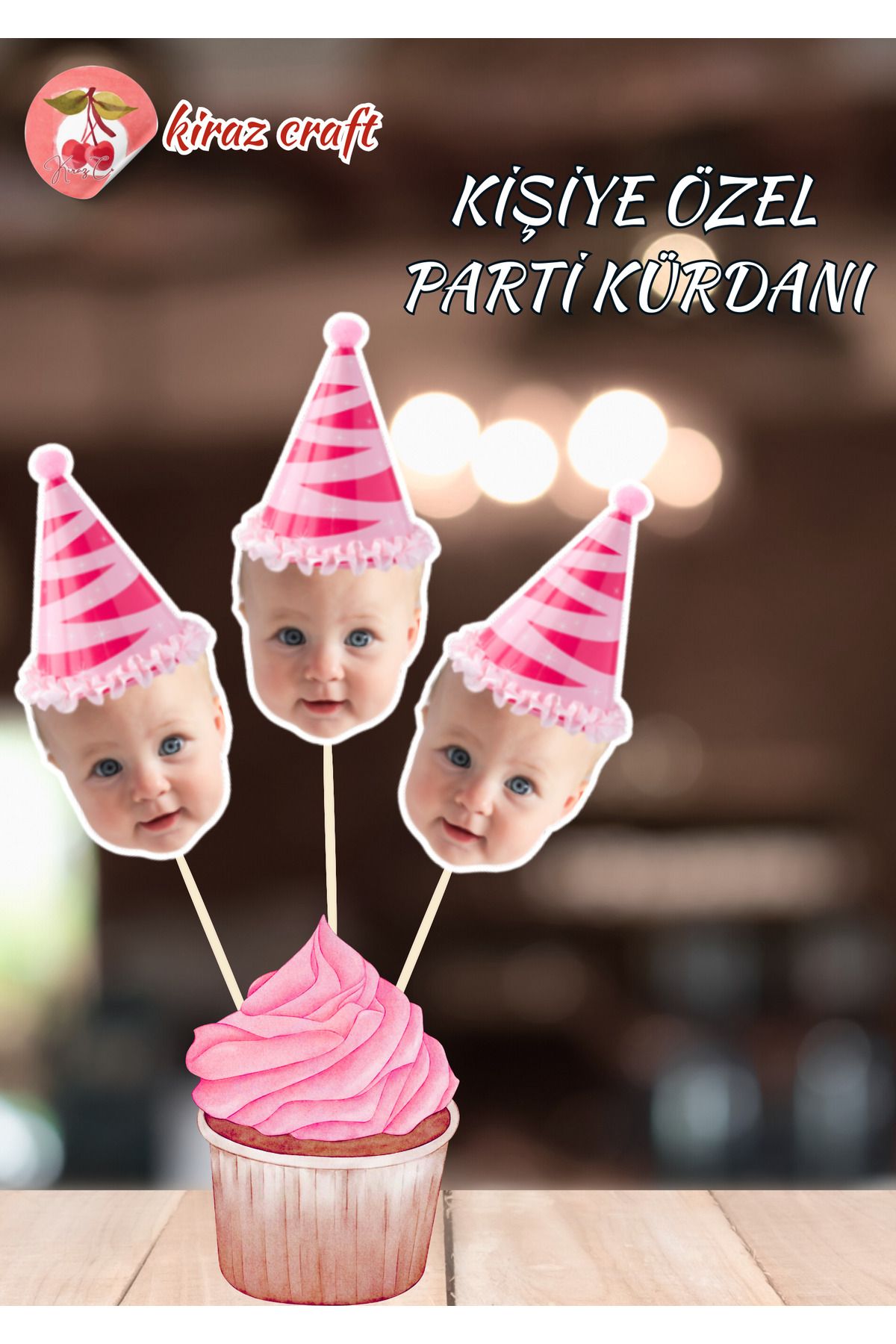 Kiraz Craft Kişiye Özel Parti Şapkası Temalı Parti Kürdanı- Cupcake Kürdanı 10 Adet Pasta Süsü