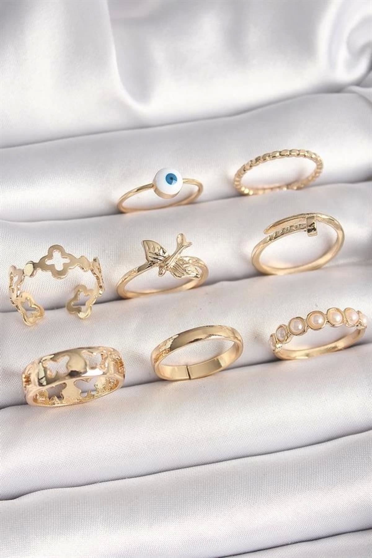 Lale Moda Pirinç Gold Renk Nazar Boncuk Model Kuş Detay Kadın Yüzük Kombini