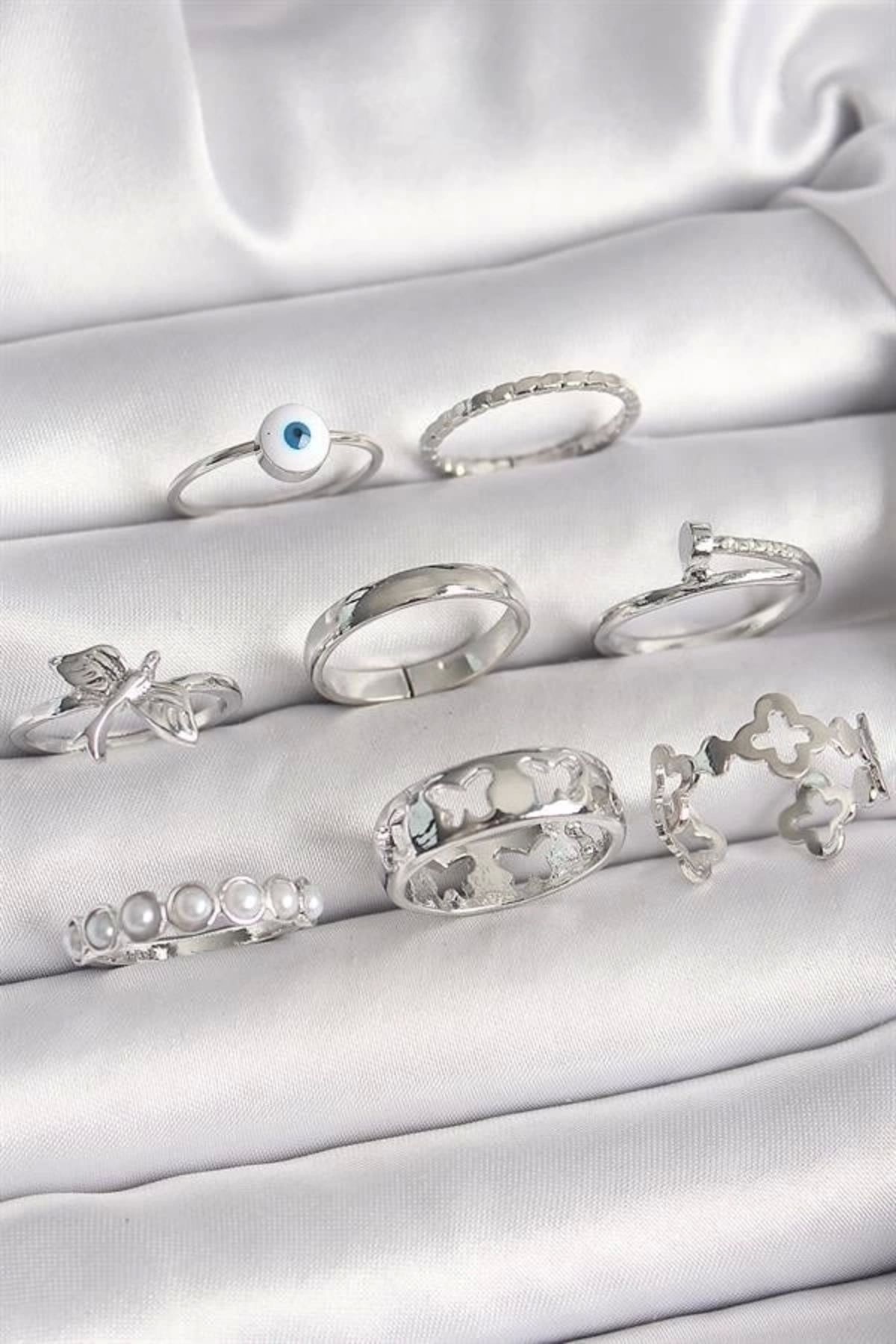 Lale Moda Pirinç Gümüş Renk Nazar Boncuk Detay İncili Kelebek İşlemeli Kadın Yüzük Kombini