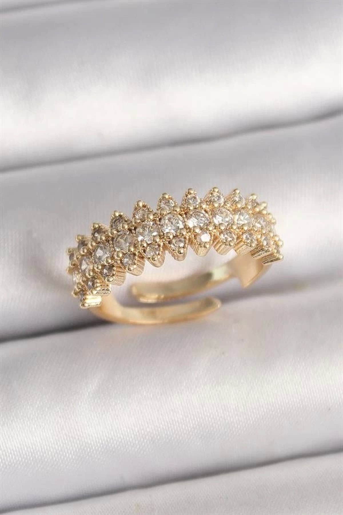 Lale Moda Pirinç Gold Renk Zirkon Taşlı Ayarlanabilir Model Kadın Yüzük