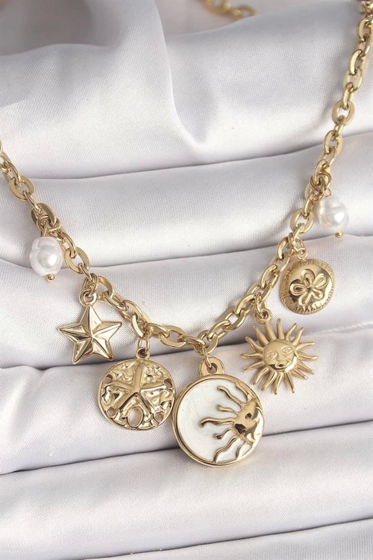 Lale Moda 316L Çelik Gold Renk Beyaz Mineli Gün Batımı Figür Yıldız Güneş Detay Kadın Kolye