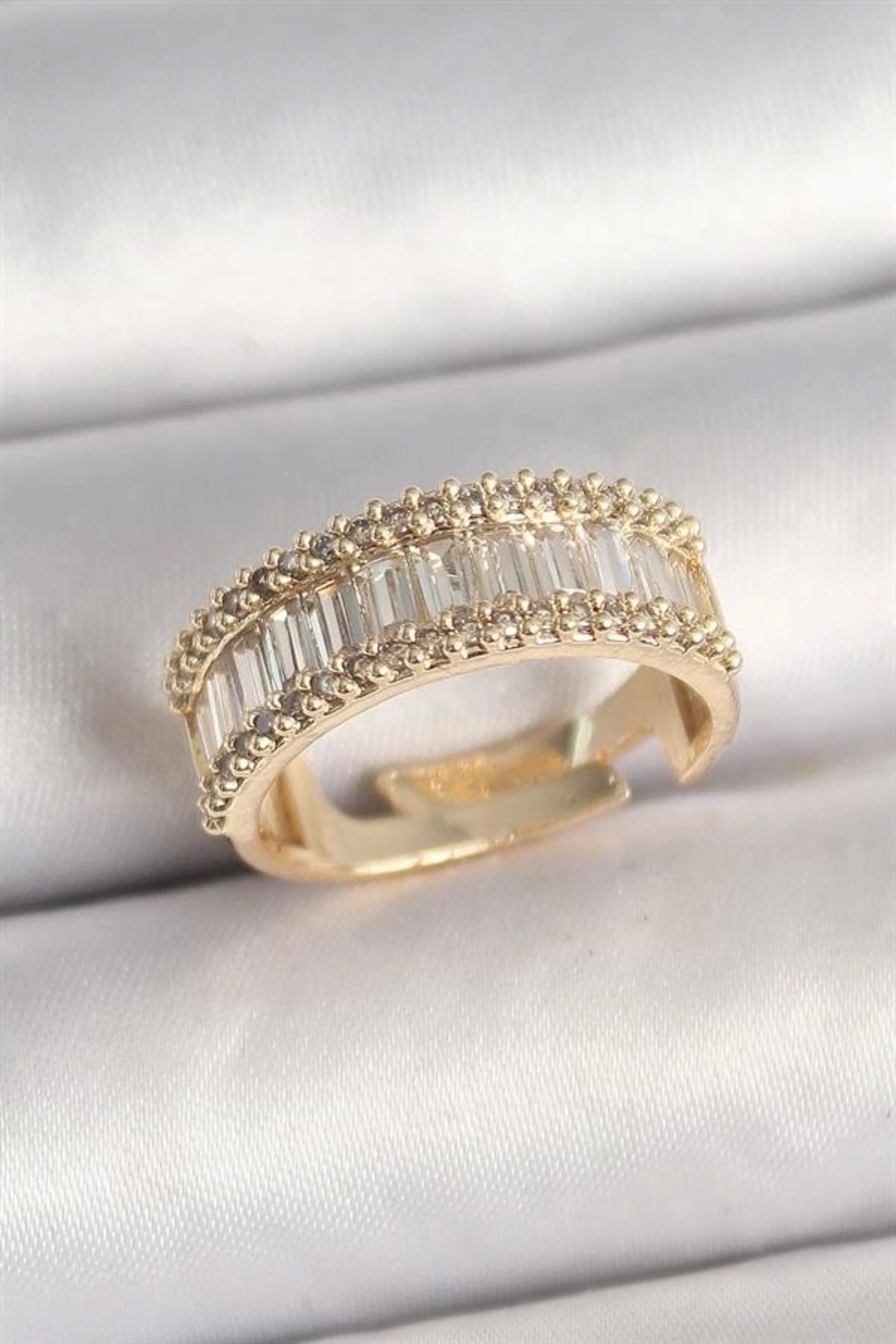 Lale Moda Pirinç Gold Renk Su Yolu Zirkon Taşlı Ayarlanabilir Model Kadın Yüzük