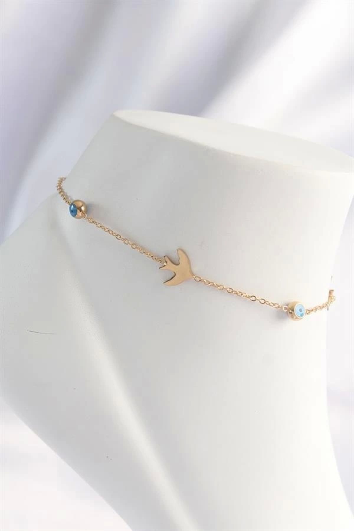 Lale Moda 316L Çelik Gold Renk Nazar Boncuk Detay Kuş Tasarımlı Halhal