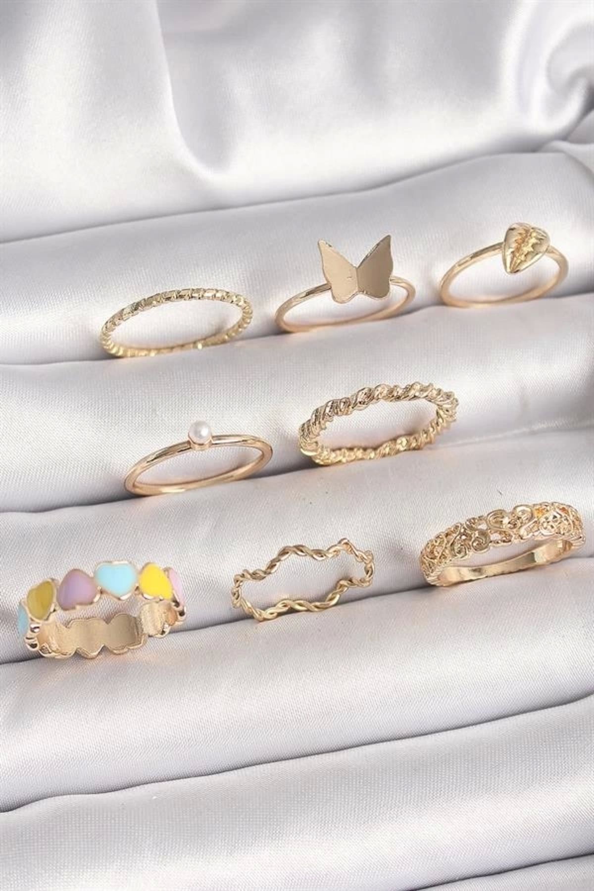 Lale Moda Pirinç Gold Renk Renkli Kalp Model İnci Detay Kadın Yüzük Kombini