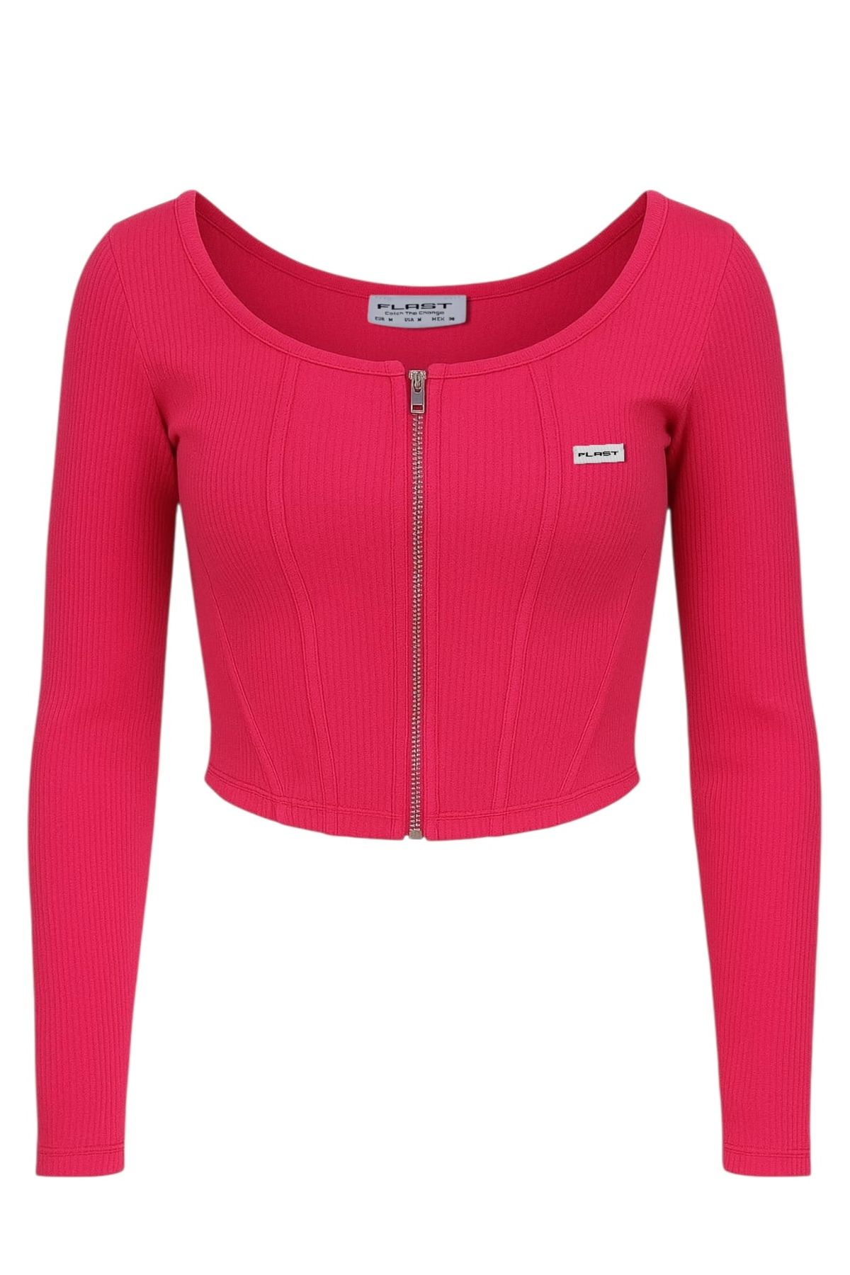 FLAST Kadın Pembe Fermuarlı Uzun Kollu Klei Ribana Organik Pamuk Kumaş Crop Top Bluz