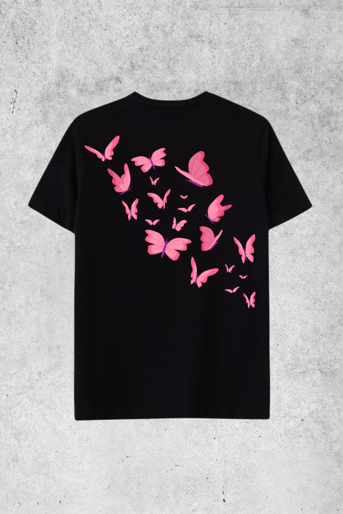 MOLICO Basic unisex sıfır yaka kısa kollu PEMBE KELEBEK SIRT baskılı OVERSİZE tshirt